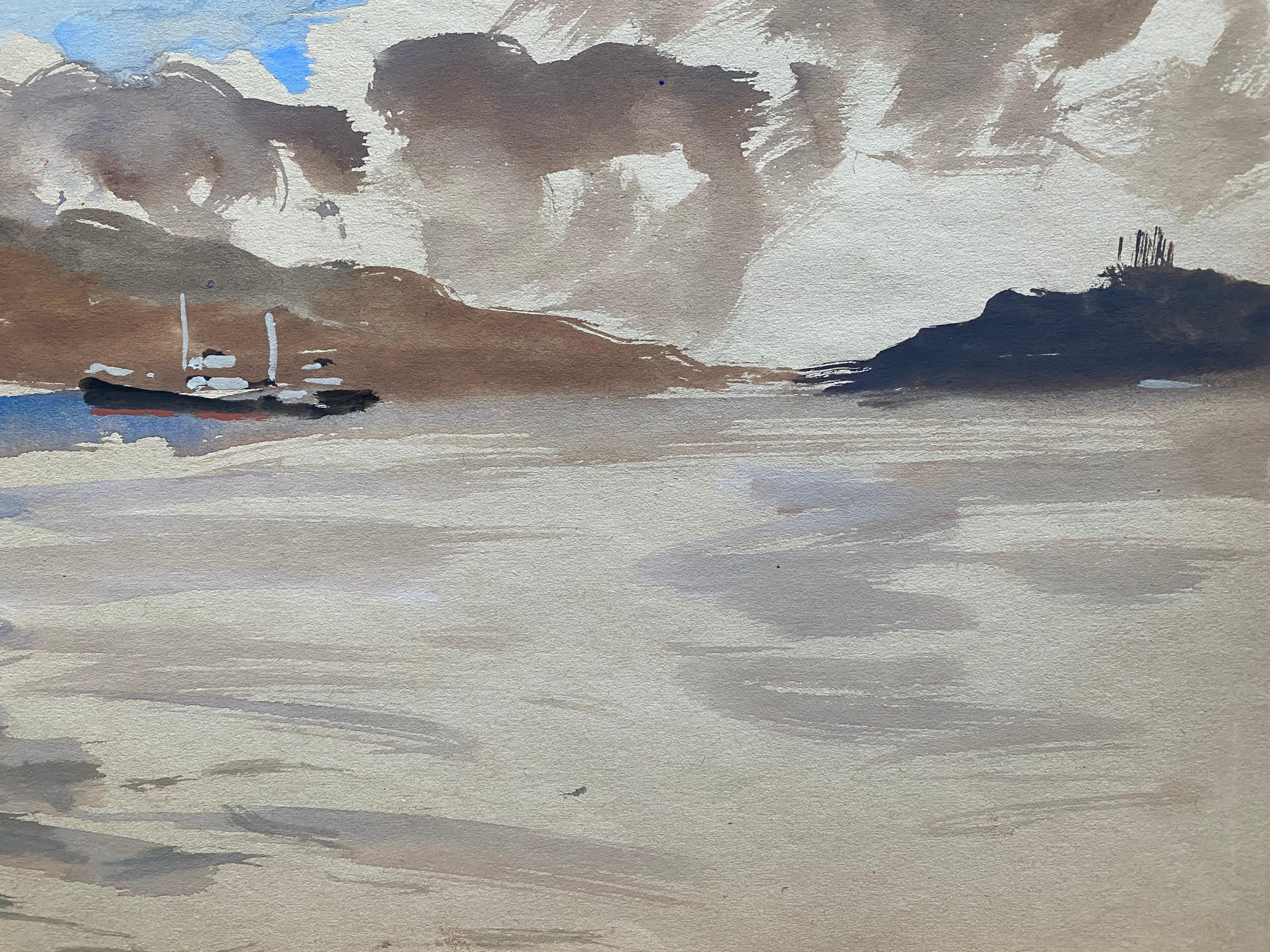 Mid 20th C. Irish Artist Watercolor Painting - Vigo Spain Coastal Landscape Boat For Sale 1
