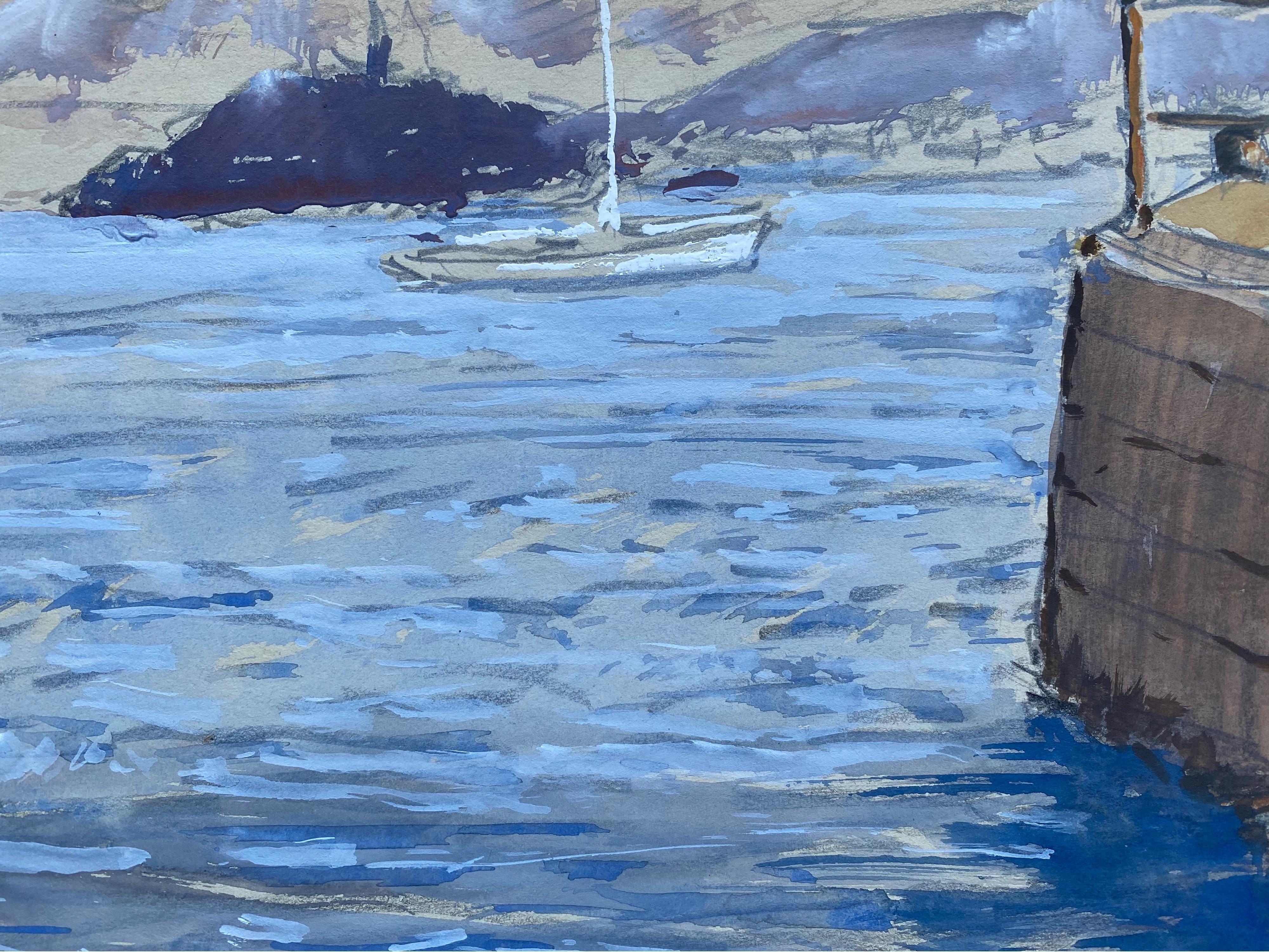 Mid 20th C. Irish Artist Watercolor Painting of Boats At Vigo Spain - Blue Landscape Art by Unknown