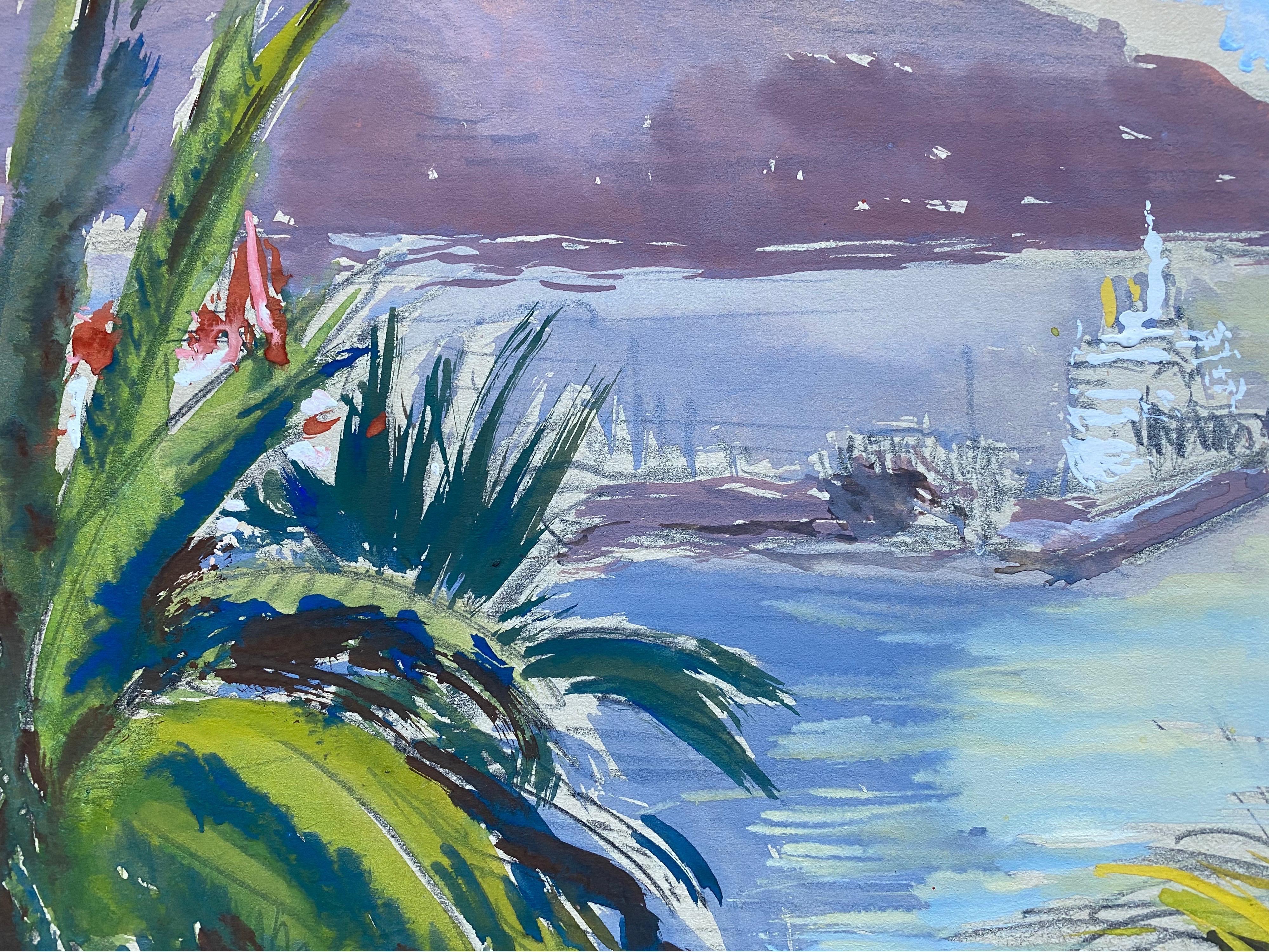 Mid 20th C. Irish Artist Watercolor Painting of Exotic Harbour in Spain - Gray Landscape Art by Unknown
