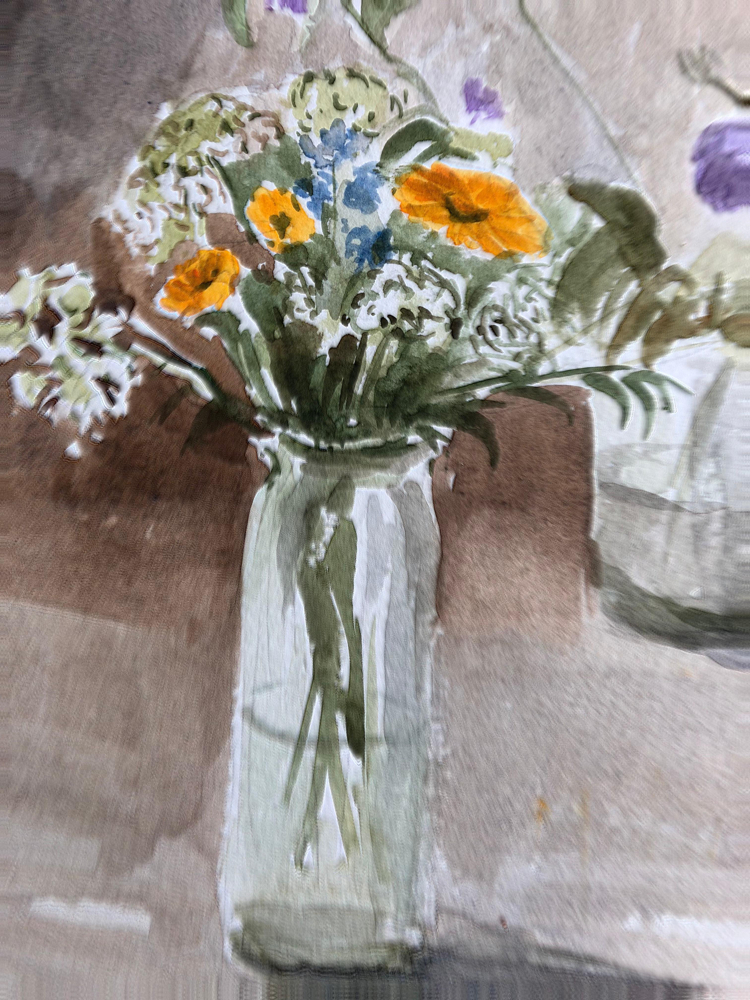 Summer Flowers Original British Watercolour Painting - Gray Still-Life by Unknown