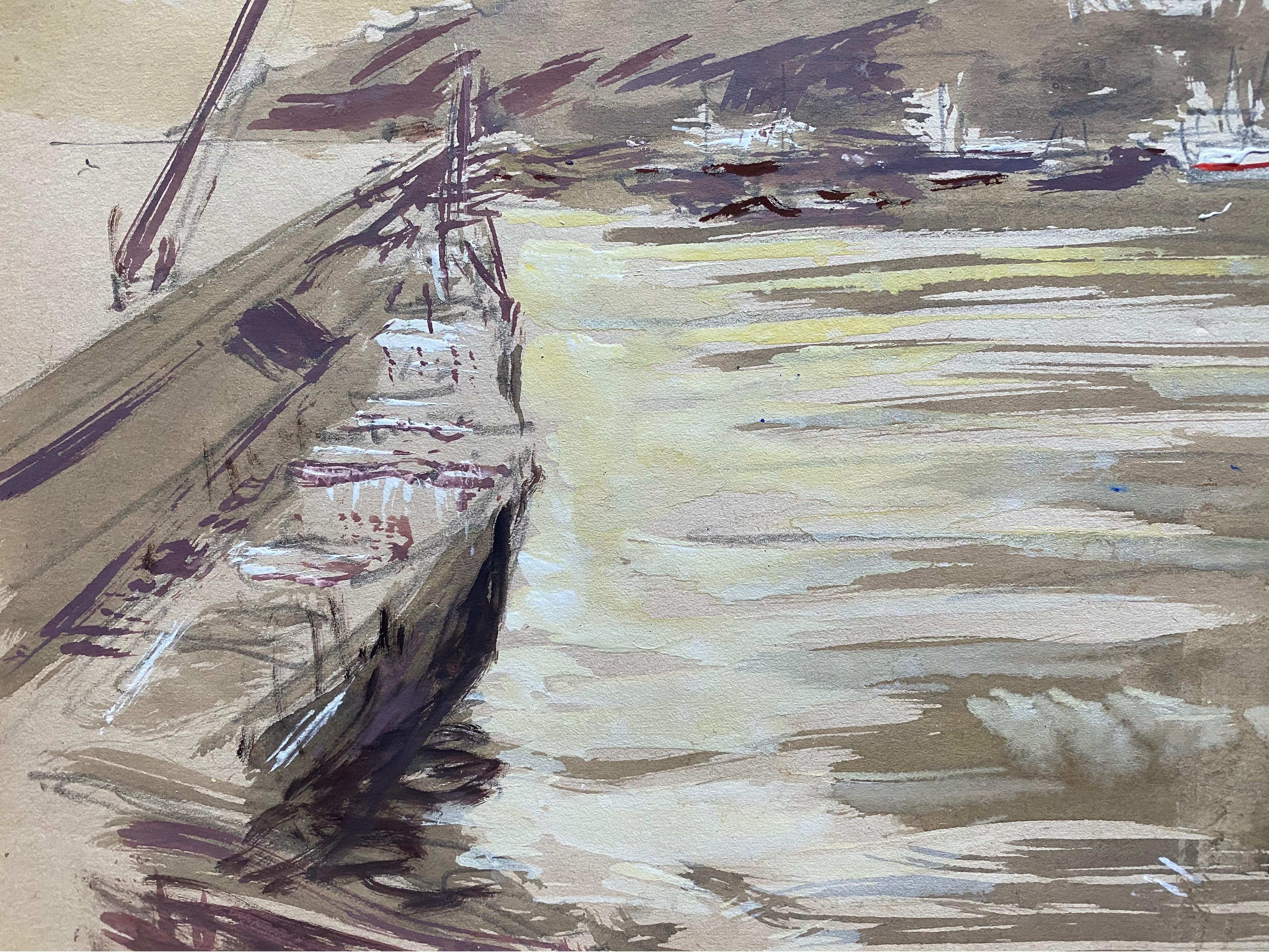 Mid 20th C. Irish Artist Watercolor Painting of Coastal Rustic Beach With Boats For Sale 2