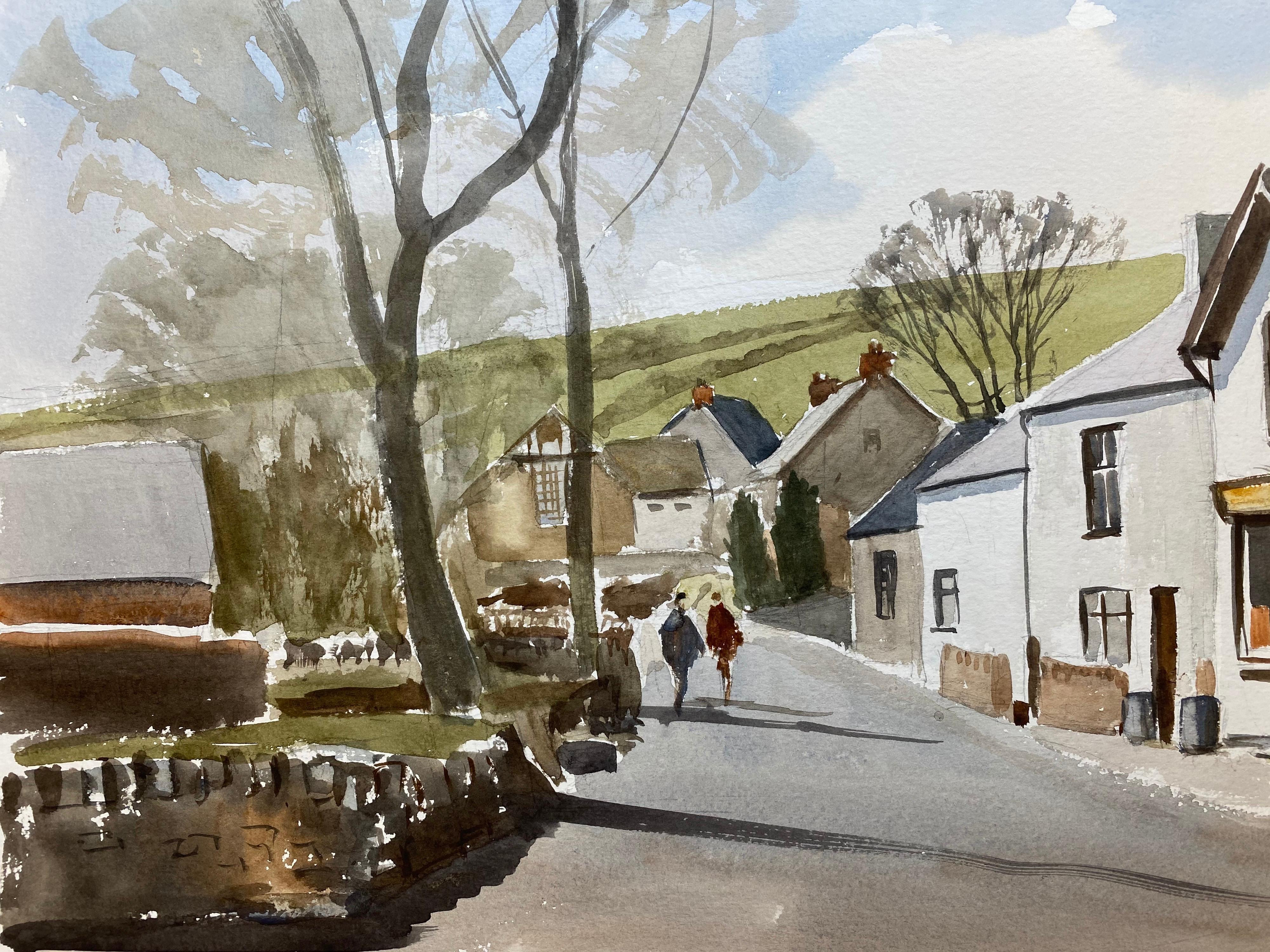 Ciudad inglesa, Acuarela británica original firmada - Landscape Art Gris de Unknown