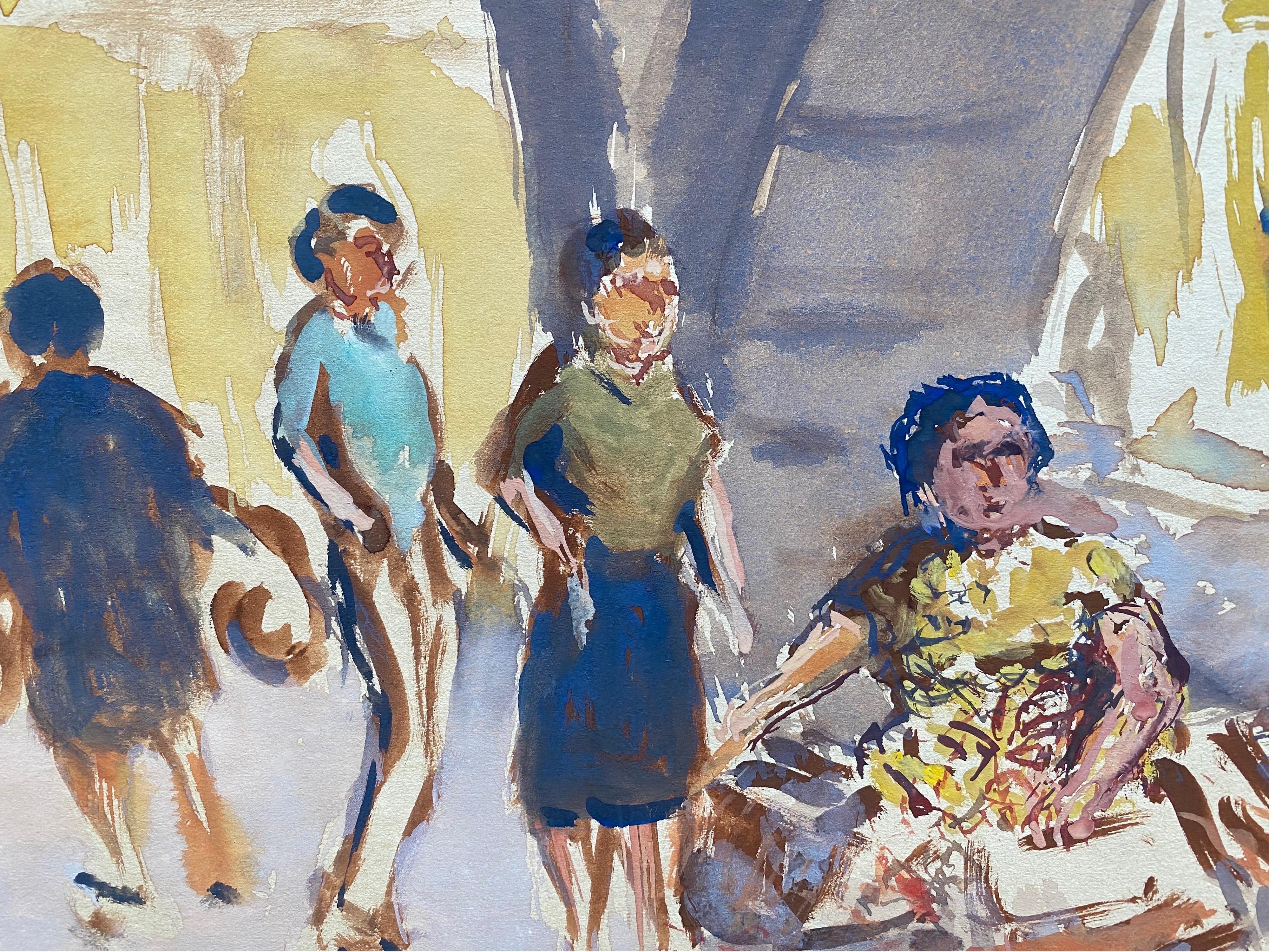 Pintura en acuarela de un artista irlandés de mediados del siglo XX sobre un mercado continental - Art de Unknown