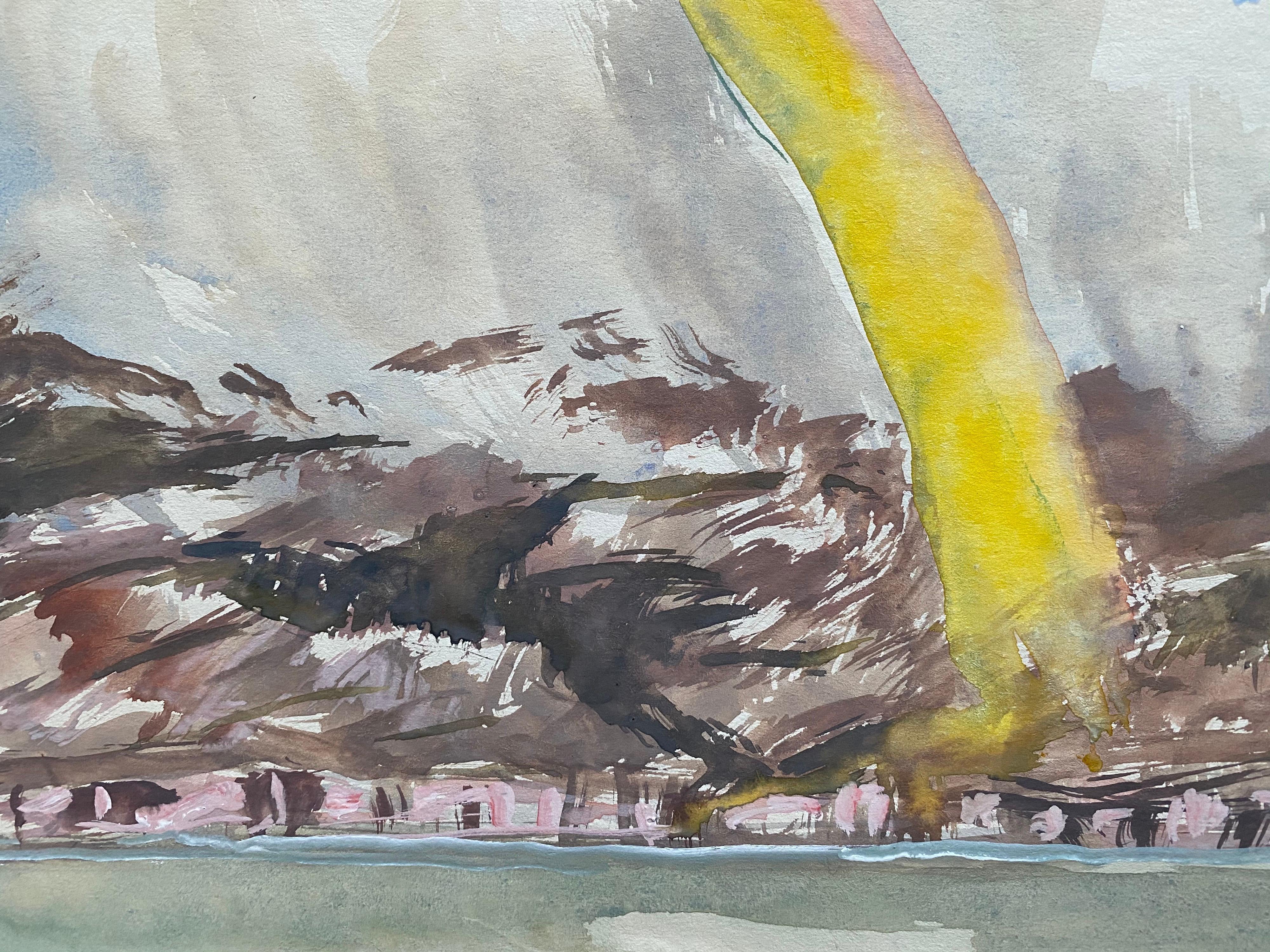 Mid 20th C. Irish Artist Watercolor Painting of Coastal Landscape with Rainbow - Gray Landscape Art by Unknown