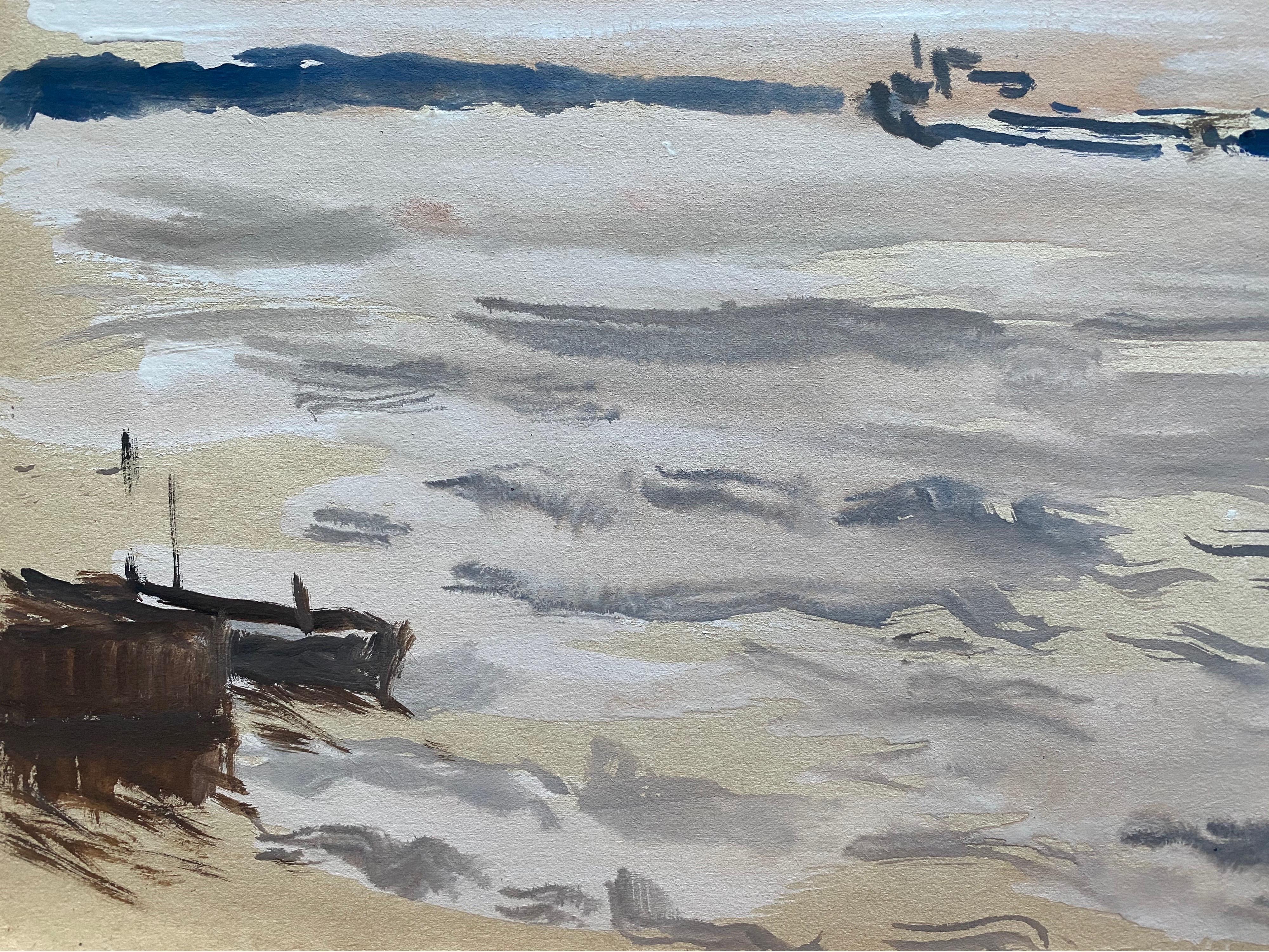 Mid 20th C. Irish Artist Watercolor Painting of Quiet Coastal Sea Southampton - Gray Landscape Art by Unknown