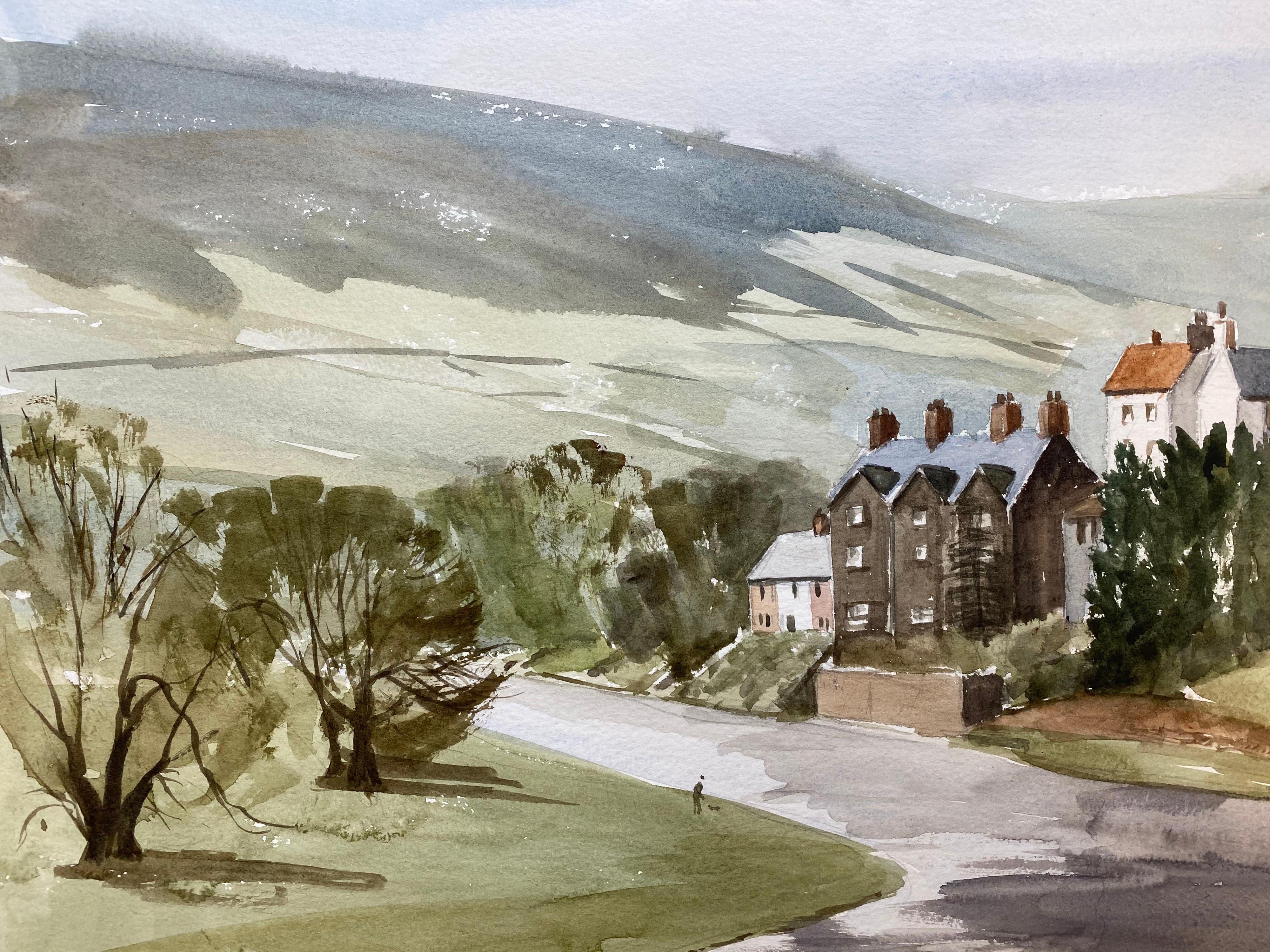 Paisaje rural de aldea inglesa Firmado Pintura original británica a la acuarela - Landscape Art Gris de Unknown