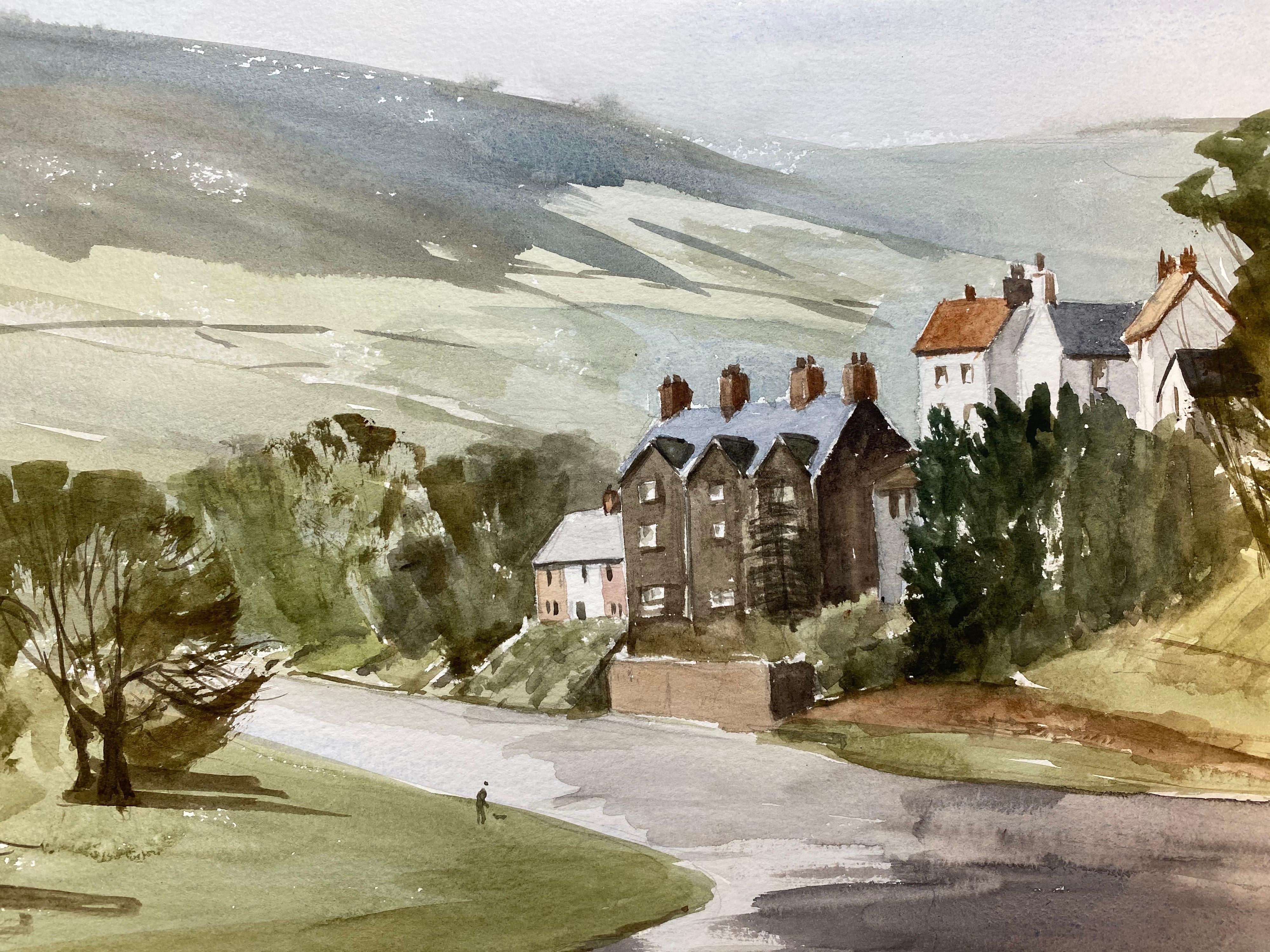 Paisaje rural de aldea inglesa Firmado Pintura original británica a la acuarela en venta 3