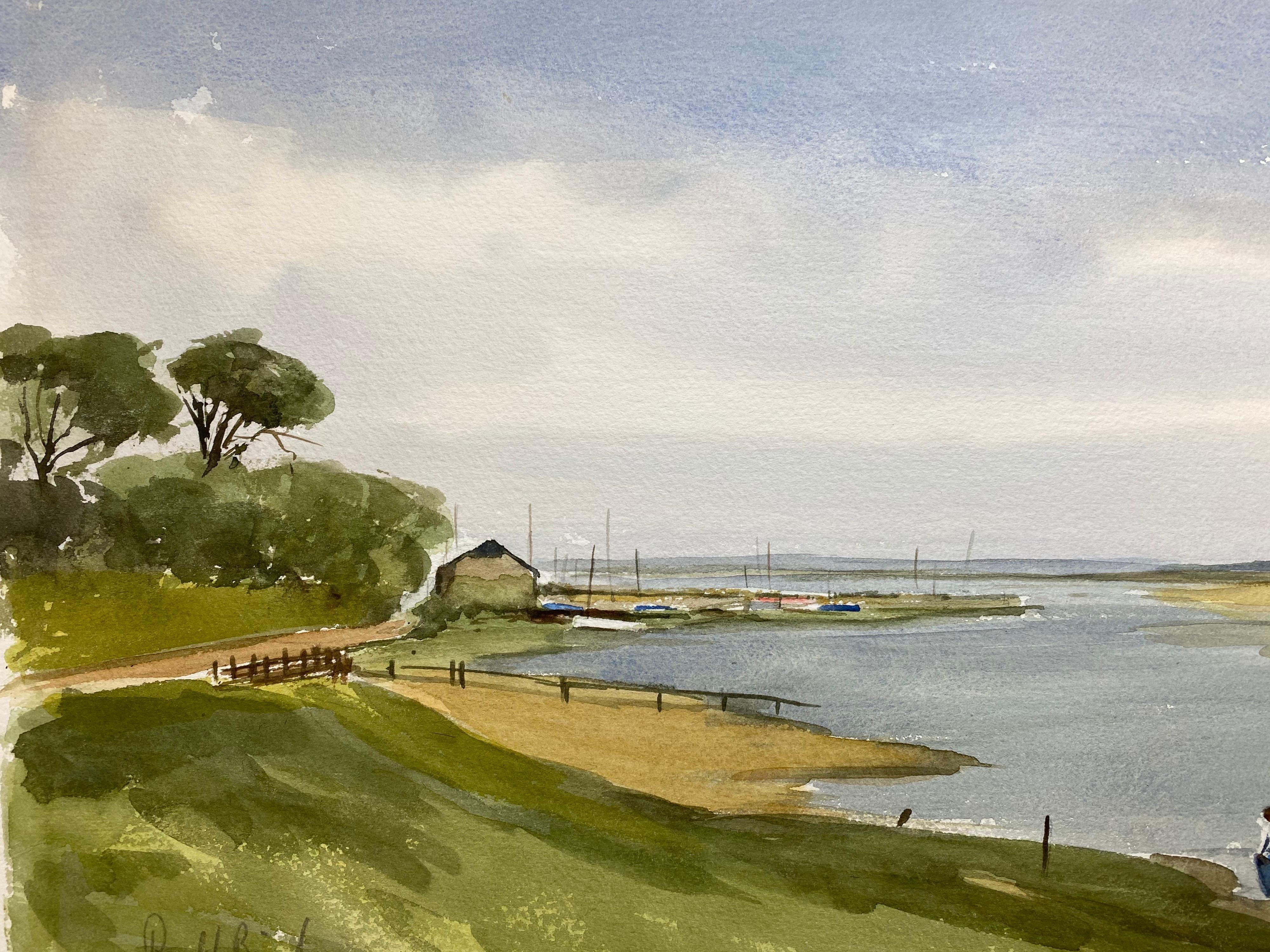 Beautiful English Town Boat Ready for Sea, Signed British Watercolour Painting - Gray Landscape Art by Unknown