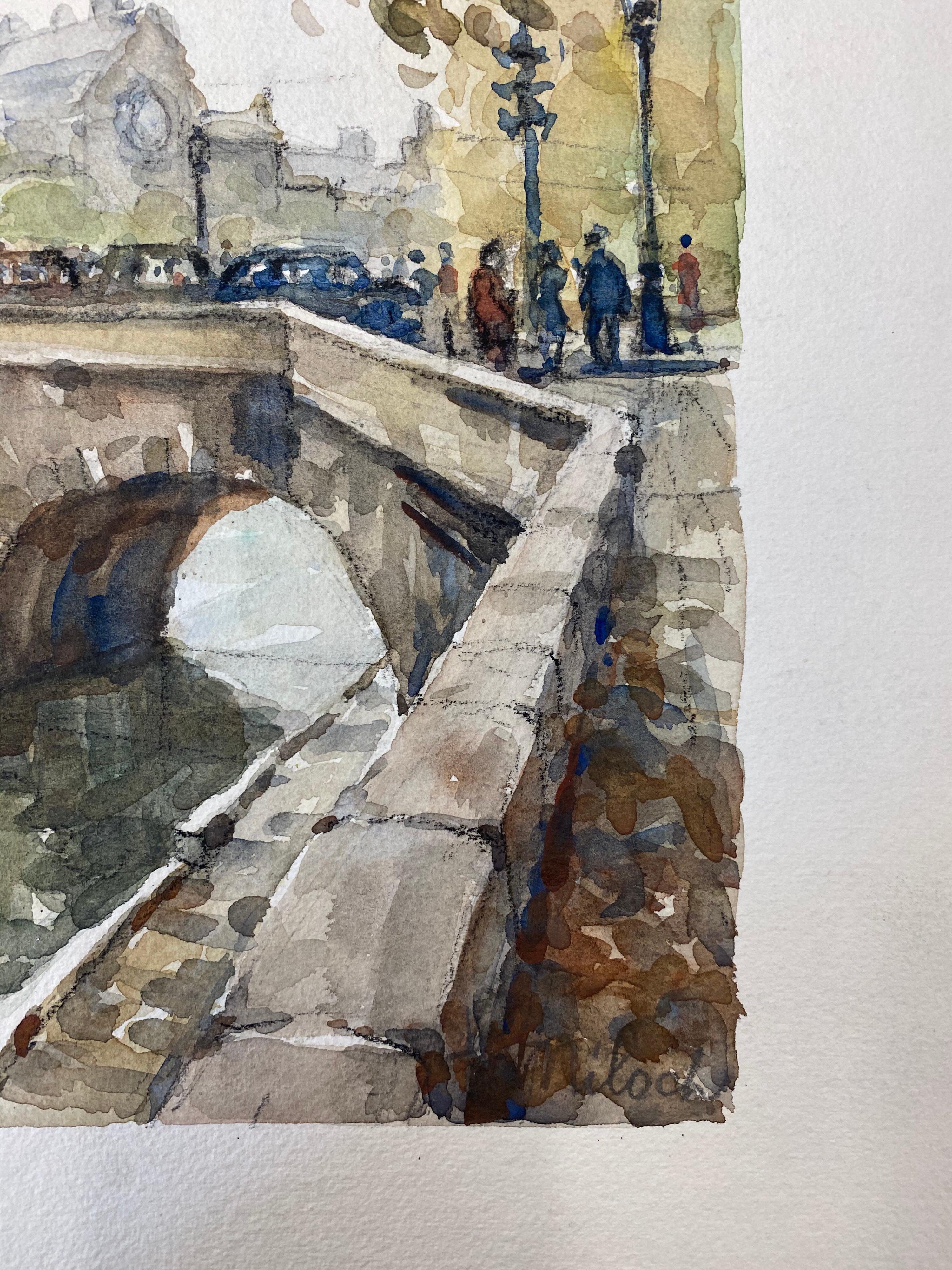 Escuela de París, Mediados del siglo XX, Escena parisina Puente del Sena - Landscape Art Gris de Unknown
