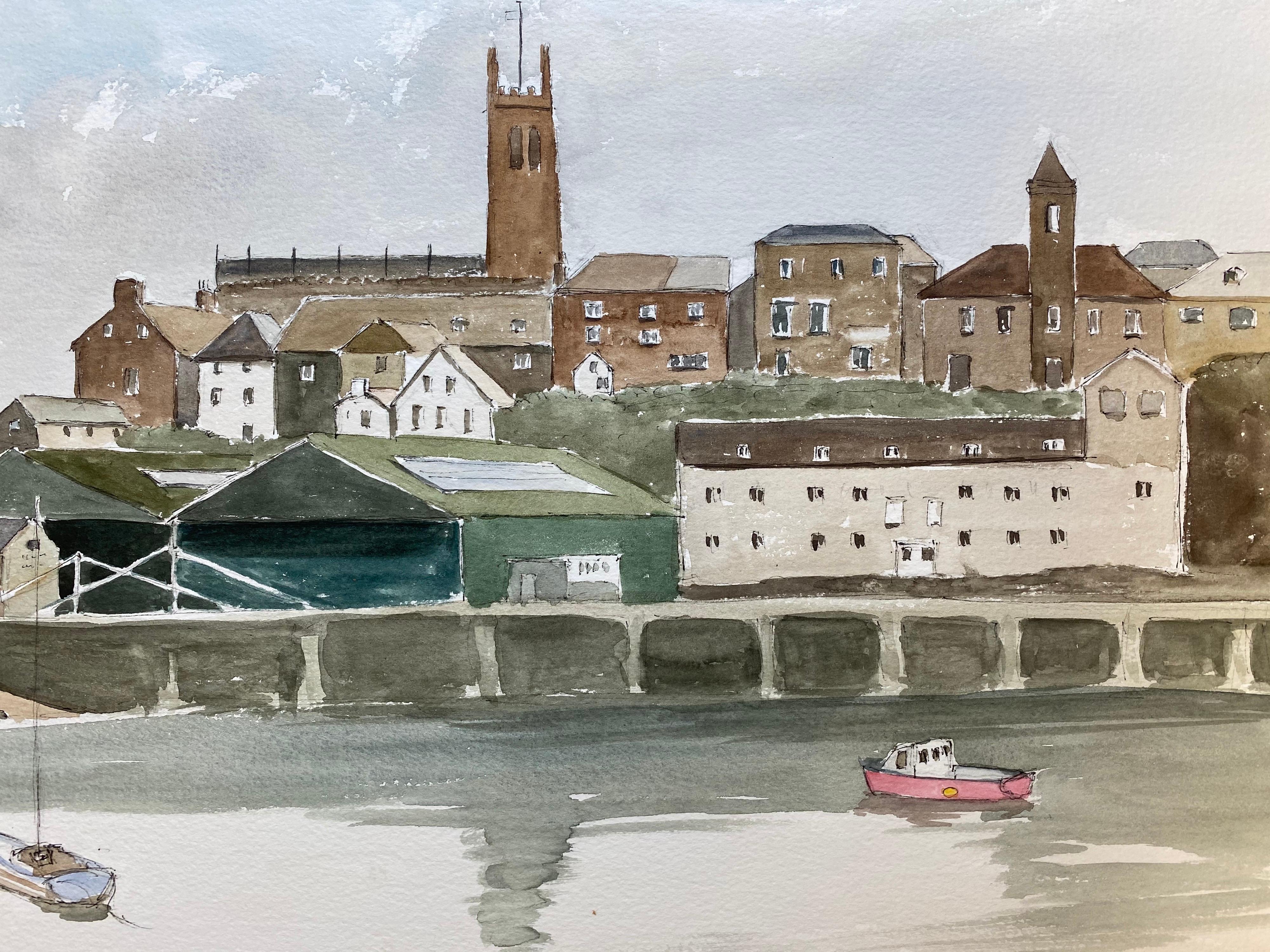 Puerto de Penzance Cornualles - Acuarela Británica Original Firmada - Landscape Art Gris de Unknown