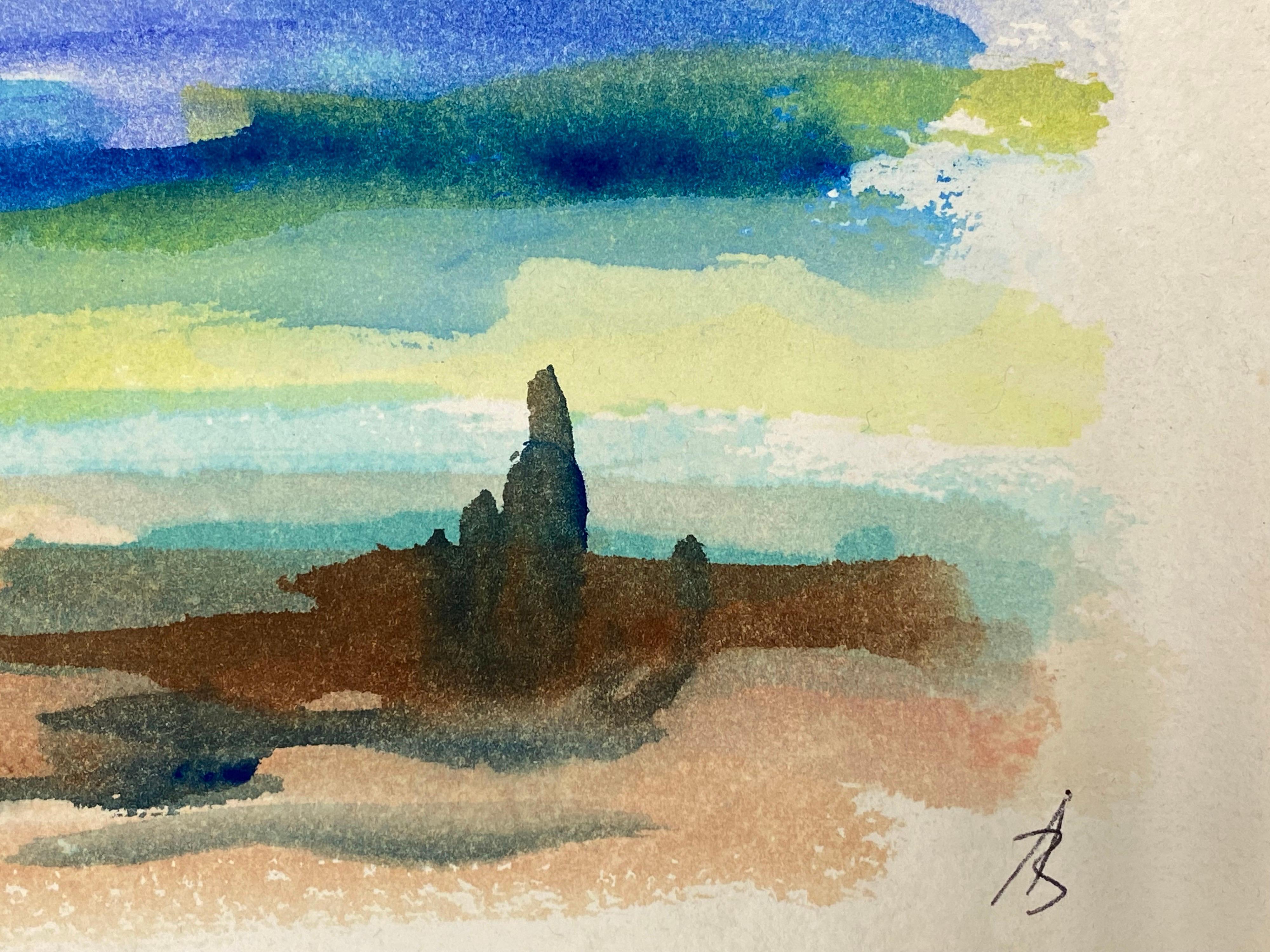 Cielo colorido de Provenza, Pintura original expresionista francesa - Landscape Art Beige de Akos Biro