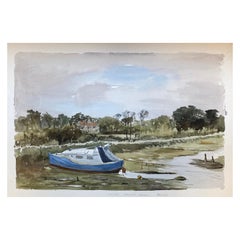 Marea baja del puerto de Yarmouth, Pintura original británica a la acuarela