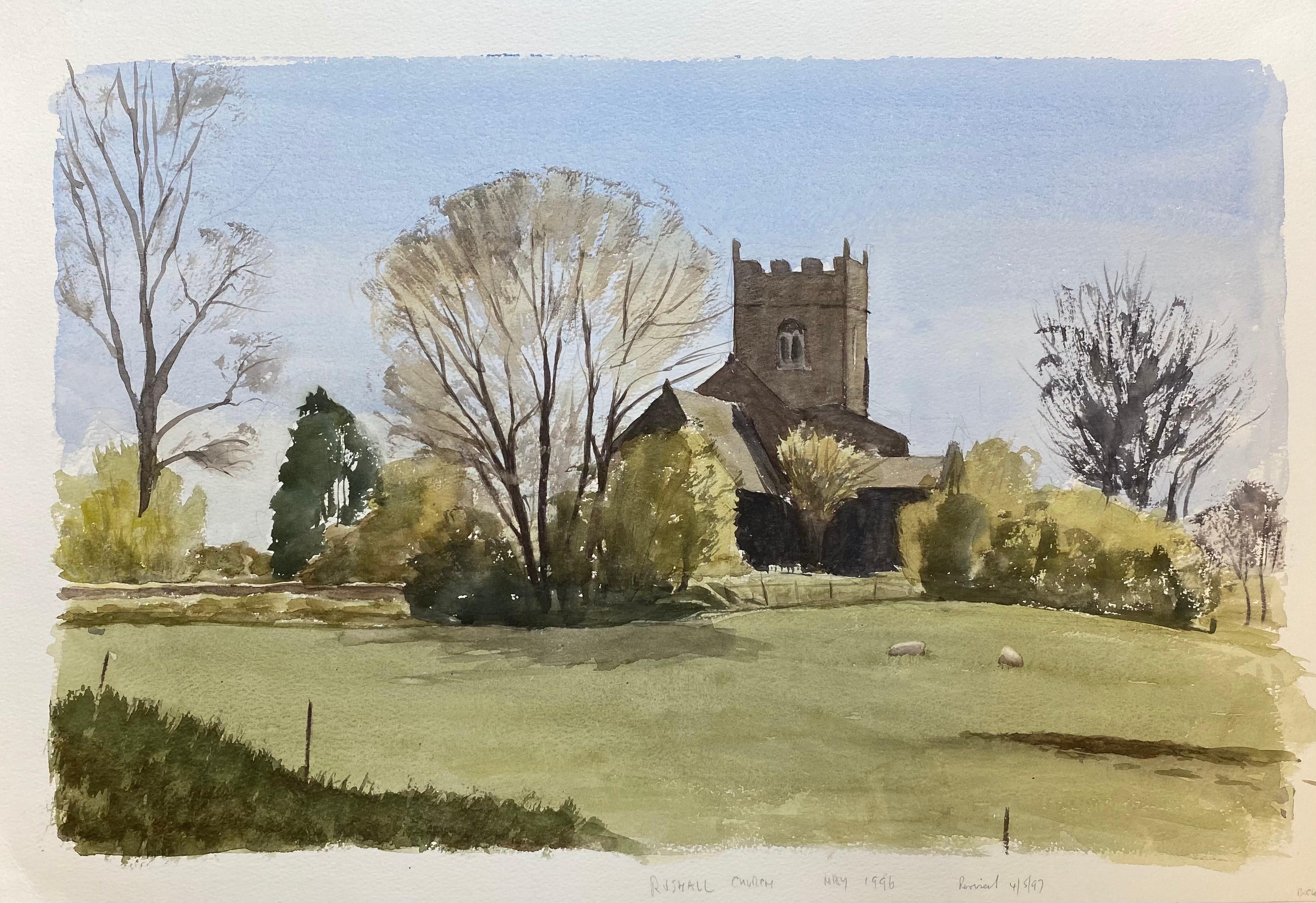 Iglesia de Rushall, Ciudad Inglesa, Firmado Pintura Original Acuarela Británica - Art de Unknown