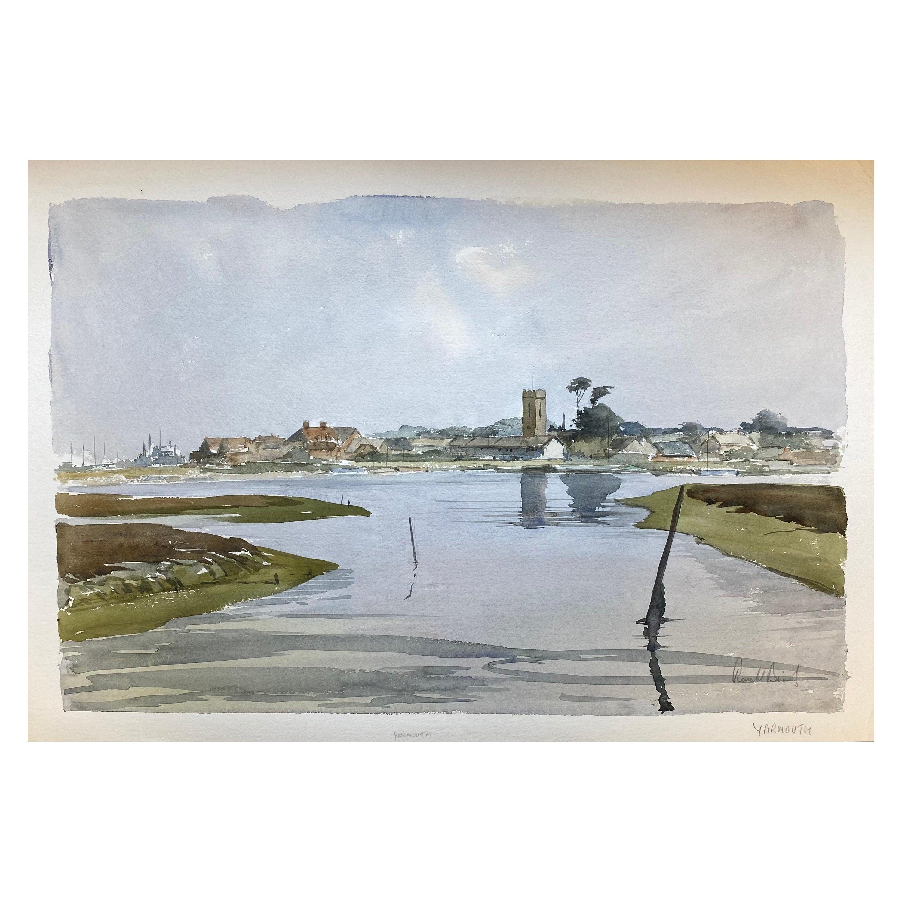 Landscape Art de Unknown - Yarmouth Town- Pintura original británica en acuarela firmada