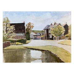 Aldea rural inglesa, pintura original británica a la acuarela firmada