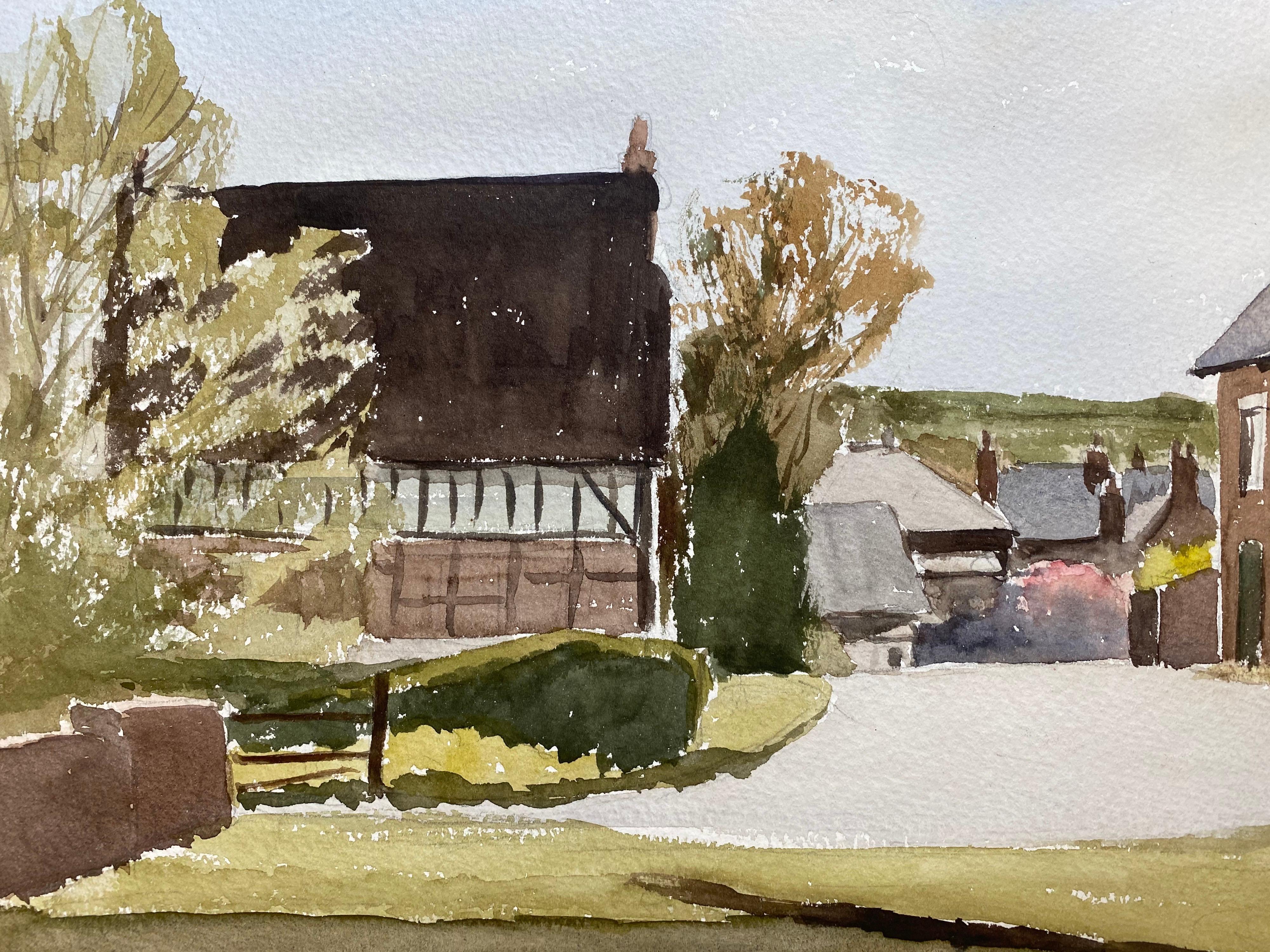 Aldea rural inglesa, pintura original británica a la acuarela firmada - Landscape Art Gris de Unknown