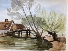 Englische Townes-Brücke, signiertes britisches Original-Aquarellgemälde