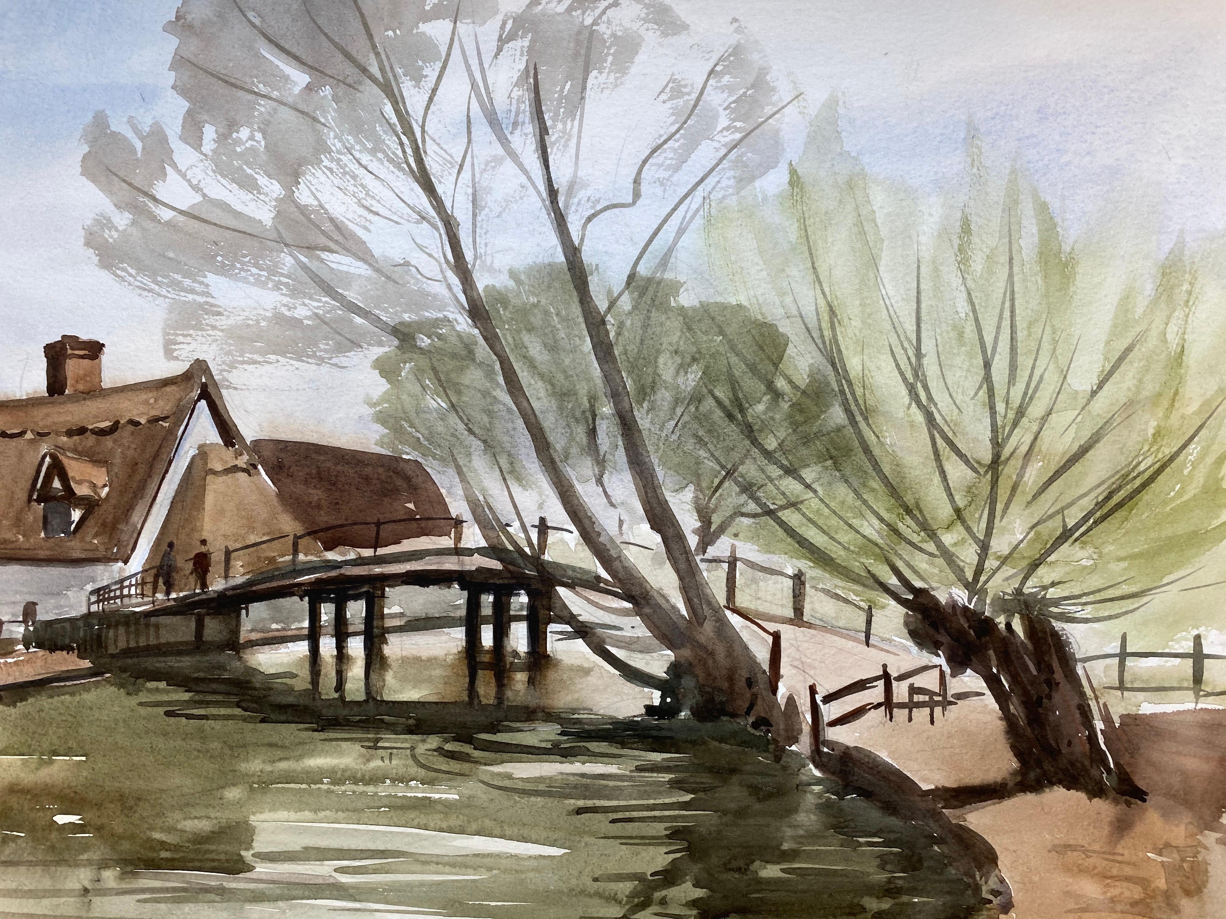 Puente de una ciudad inglesa, pintura original británica en acuarela firmada - Landscape Art Gris de Unknown