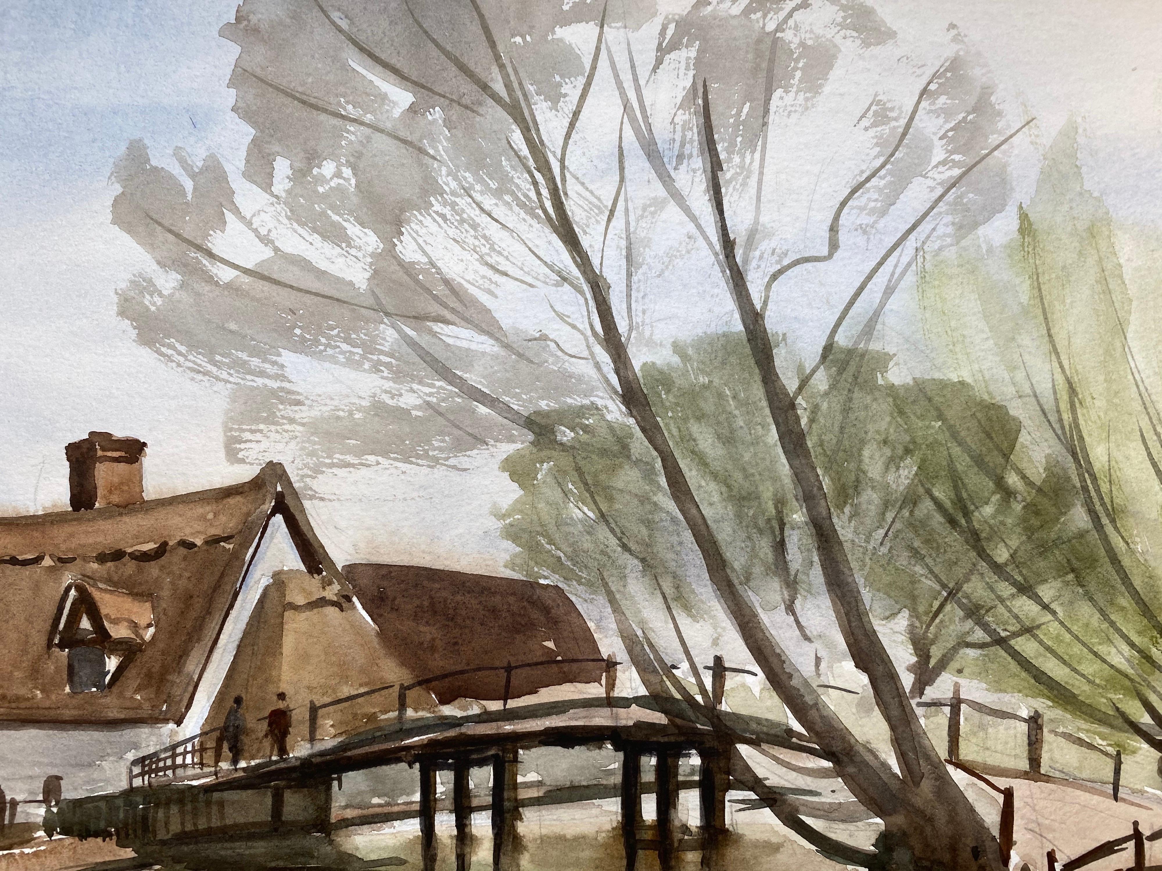 Puente de una ciudad inglesa, pintura original británica en acuarela firmada en venta 2