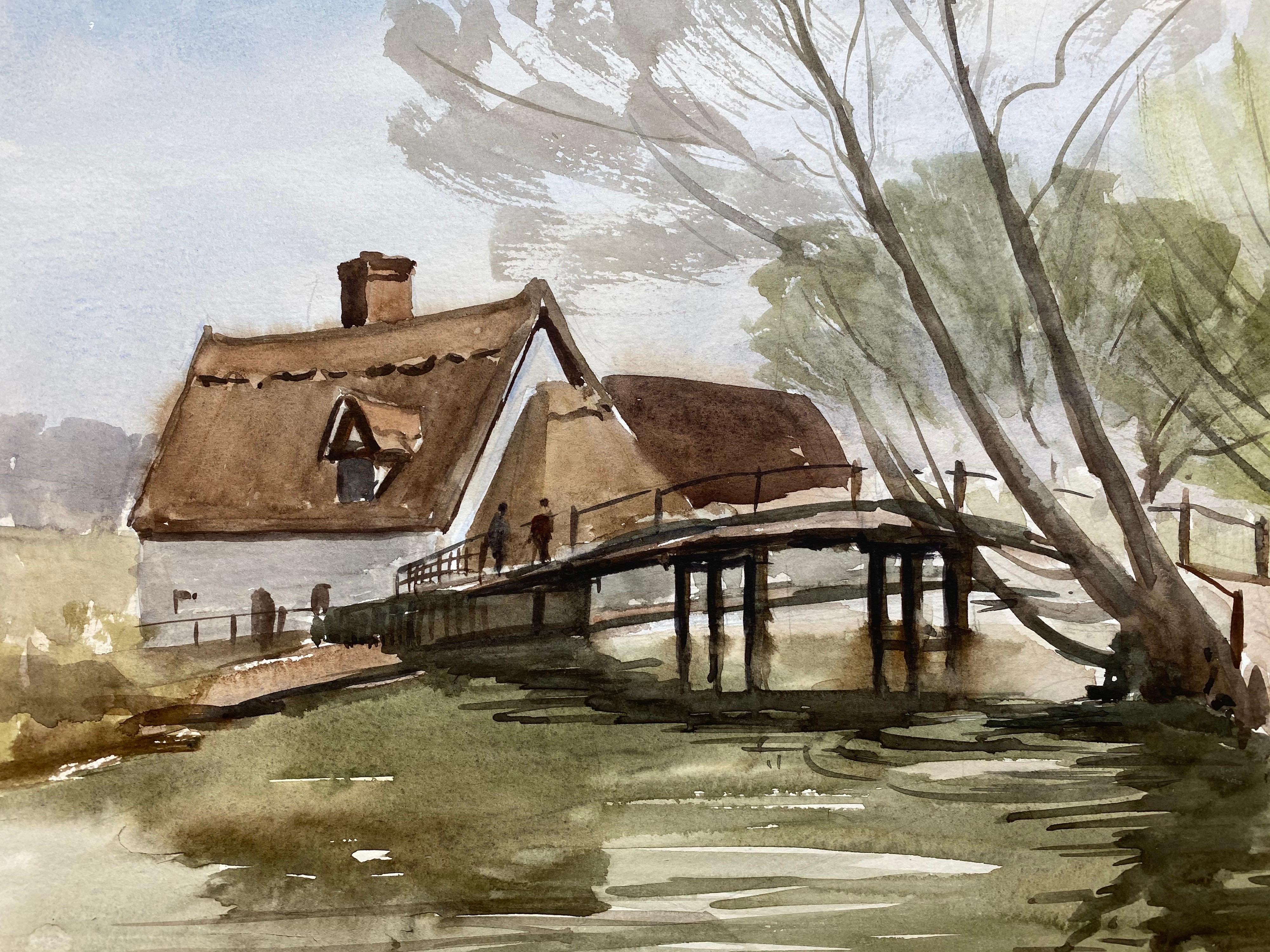 Puente de una ciudad inglesa, pintura original británica en acuarela firmada en venta 1