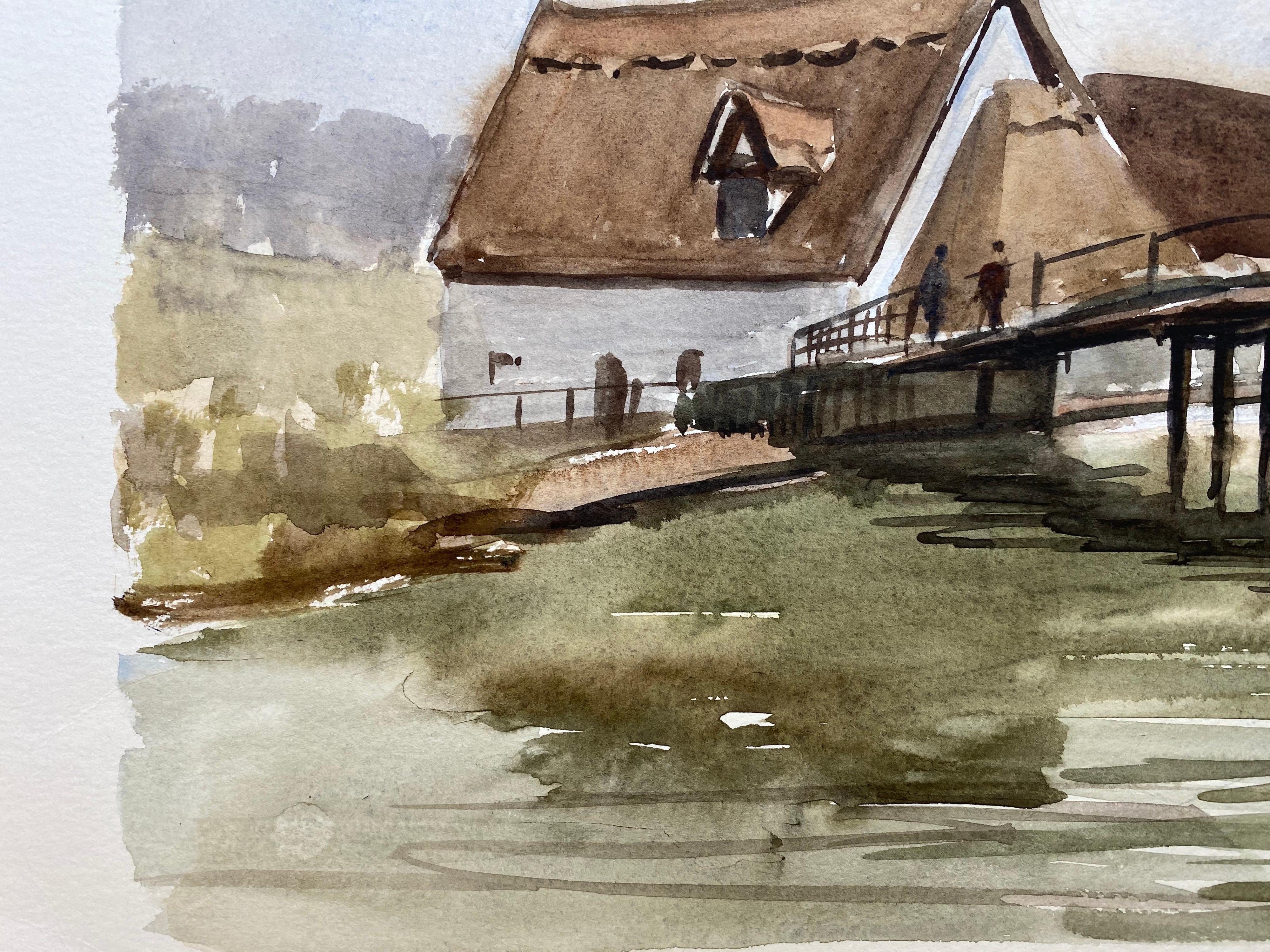 Puente de una ciudad inglesa, pintura original británica en acuarela firmada en venta 3