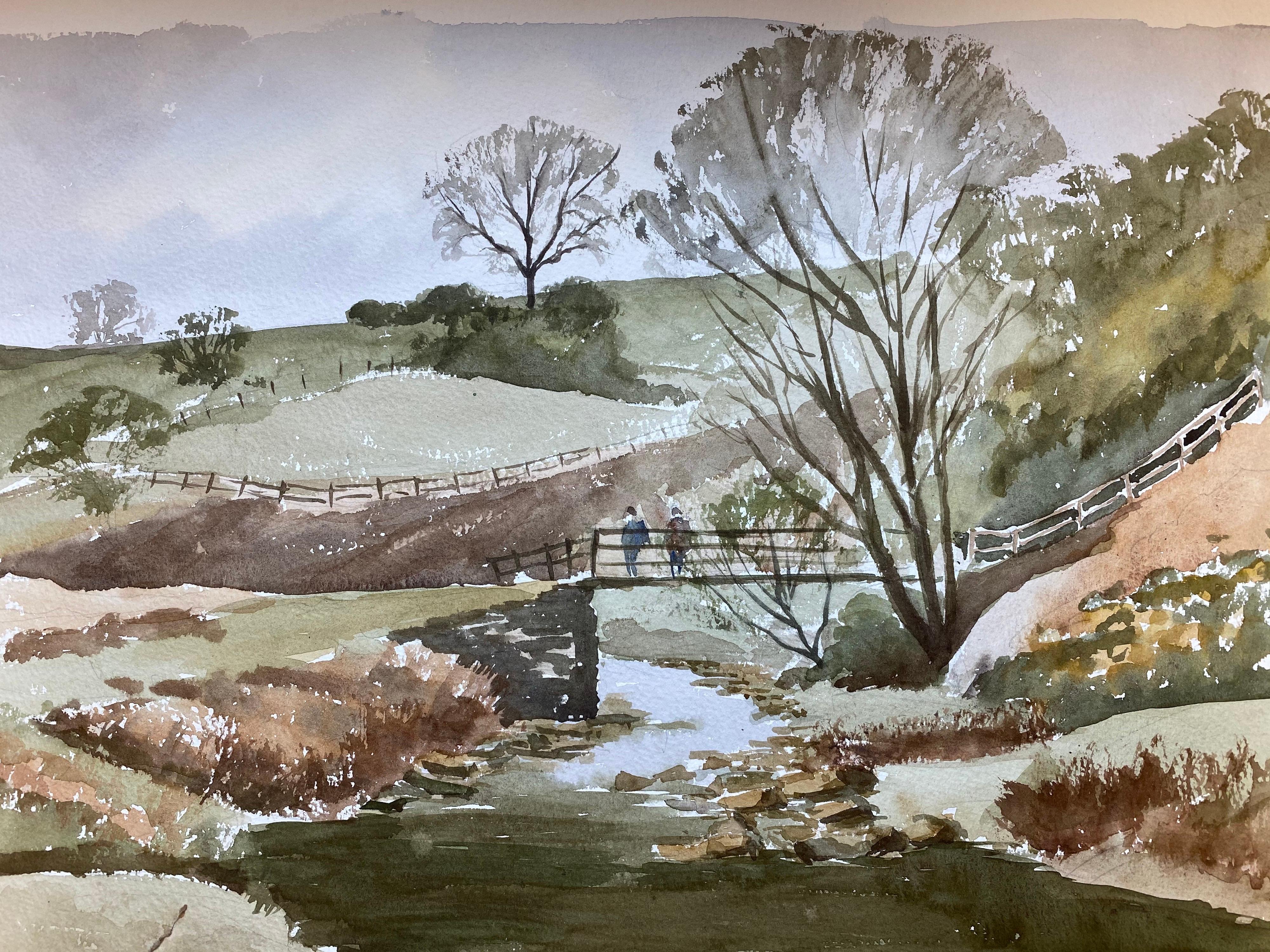 Rural River Countryside Landscape Pintura original británica en acuarela - Art de Unknown