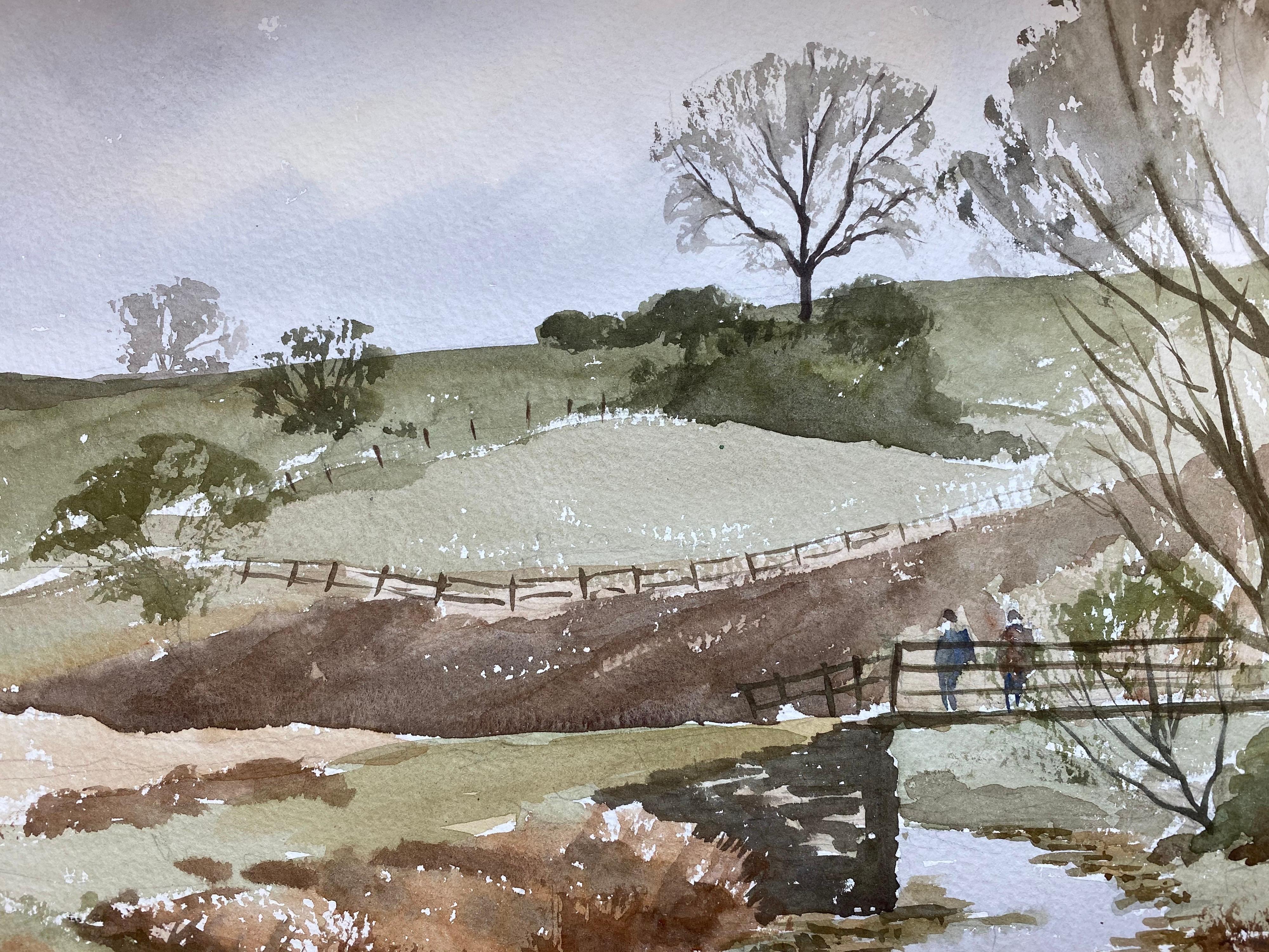 Rural River Countryside Landscape Pintura original británica en acuarela - Landscape Art Gris de Unknown