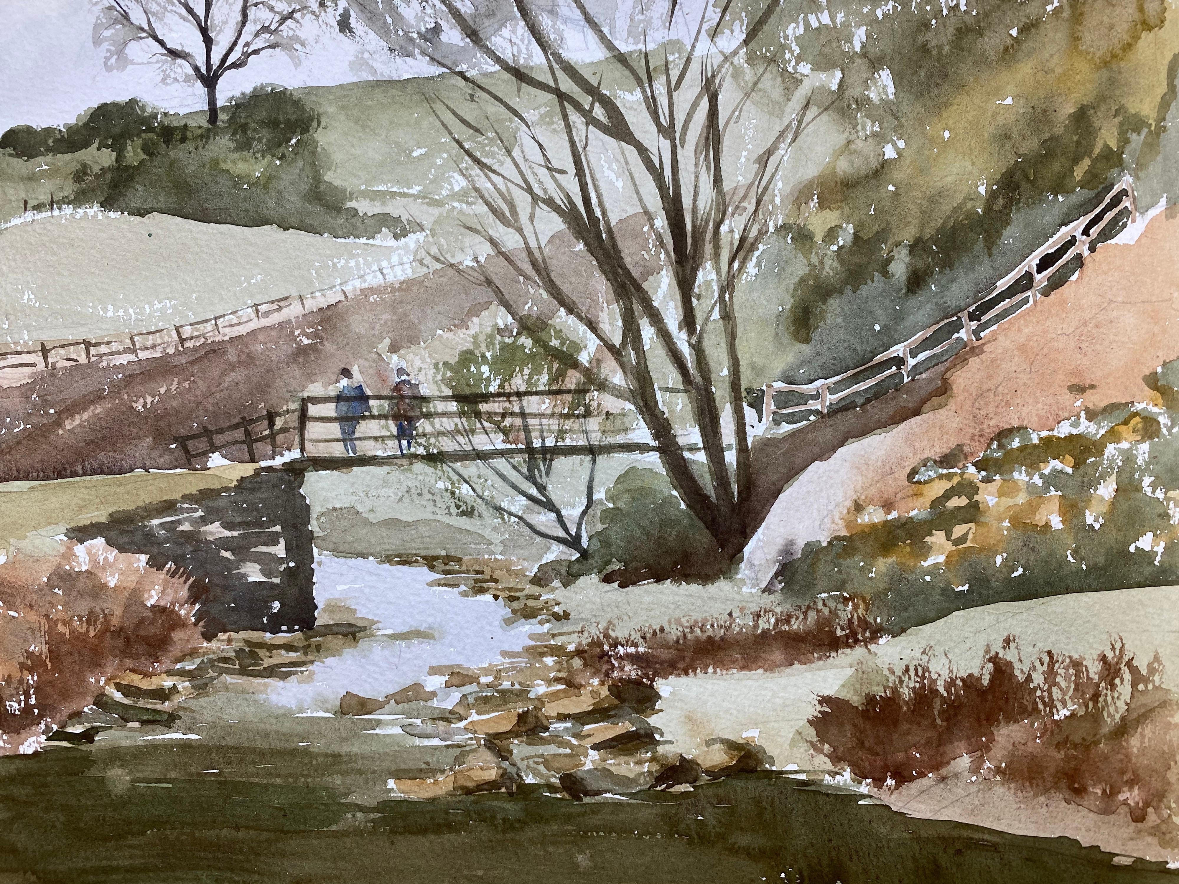 Rural River Countryside Landscape Pintura original británica en acuarela en venta 1