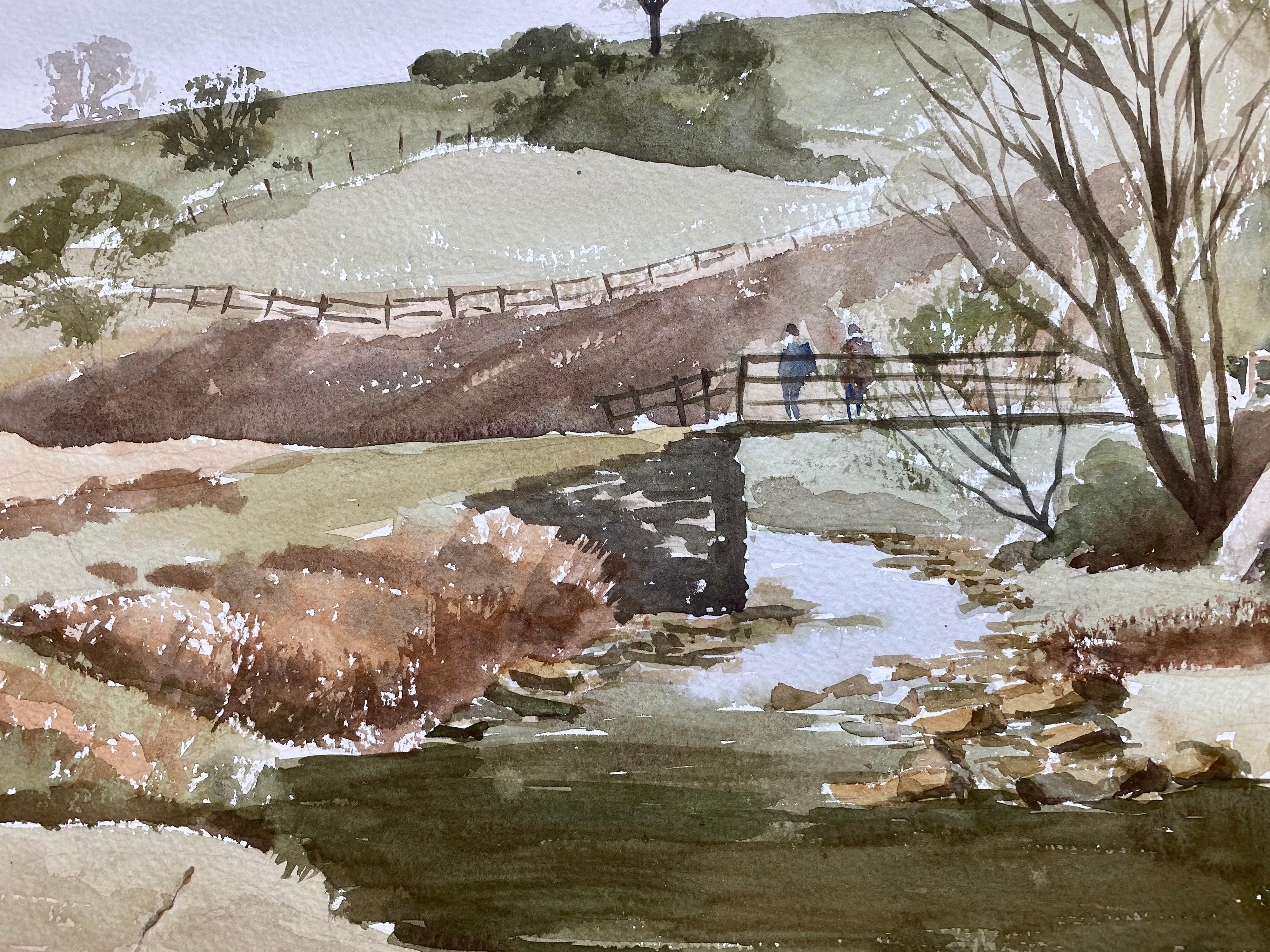 Rural River Countryside Landscape Pintura original británica en acuarela en venta 2