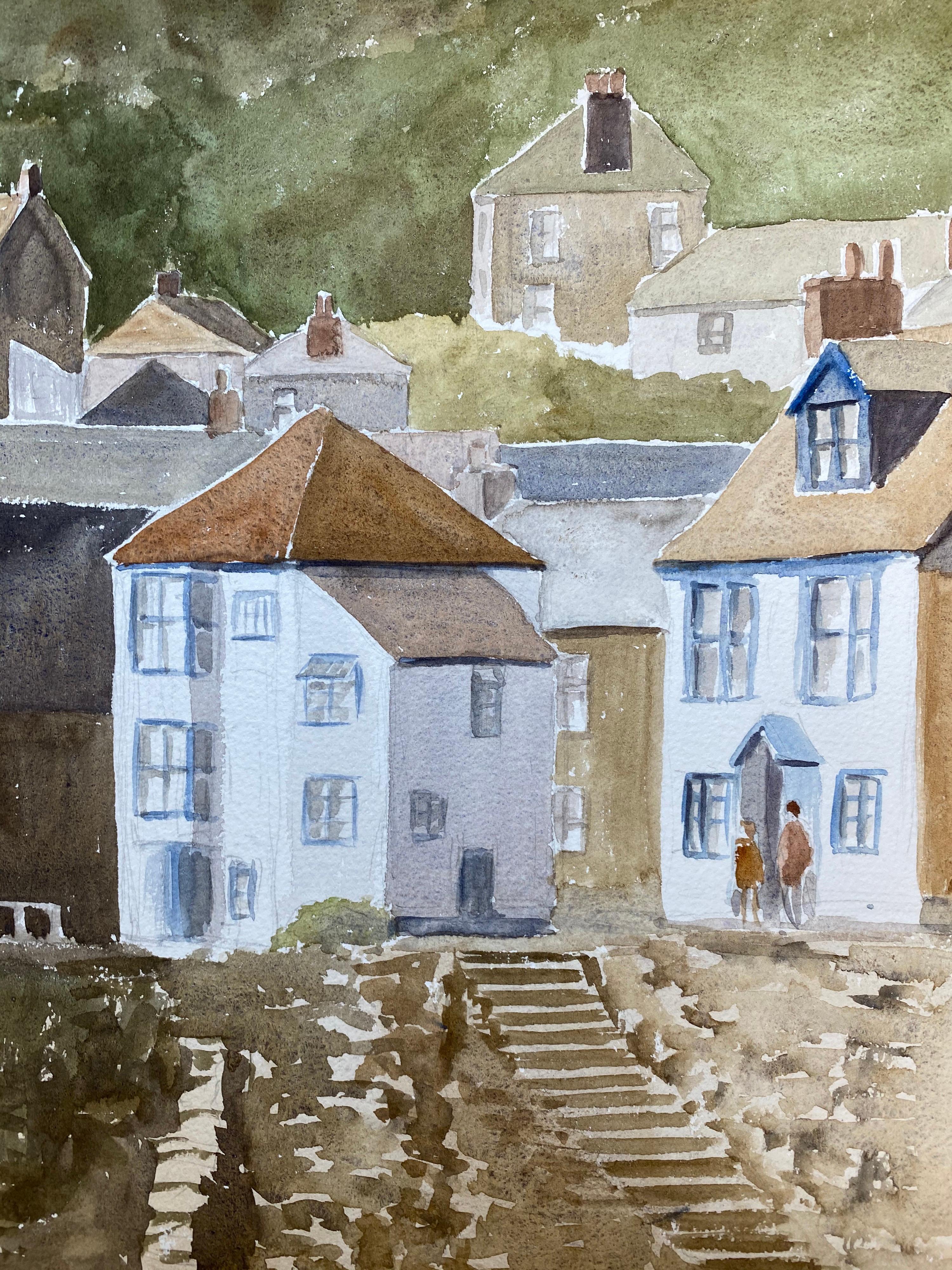 Puerto costero inglés Pasos hacia el mar, Pintura original británica en acuarela en venta 4