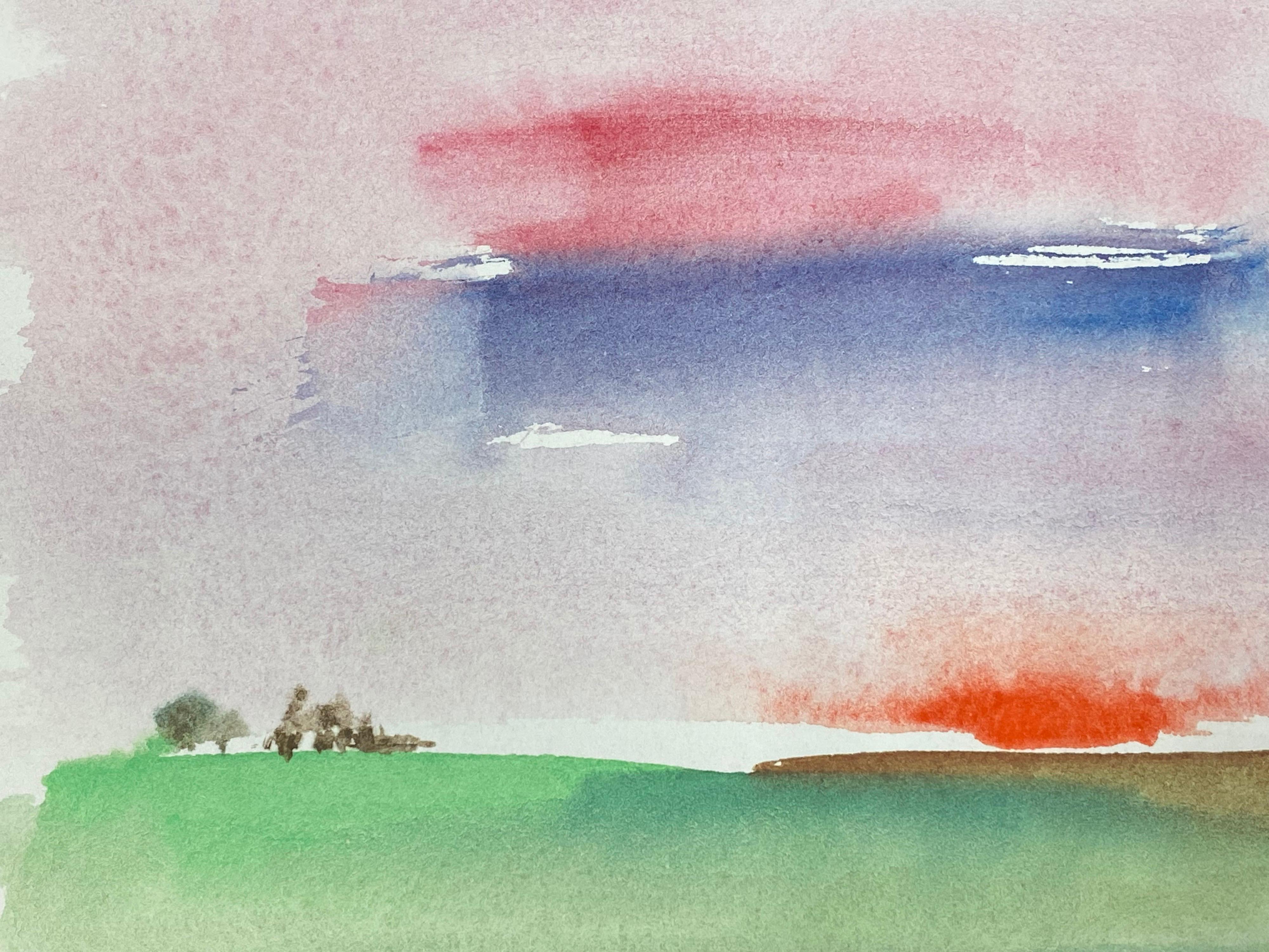 Colorido Cielo Abstracto del Atardecer, Pintura Original Expresionista Francesa - Landscape Art Gris de Akos Biro