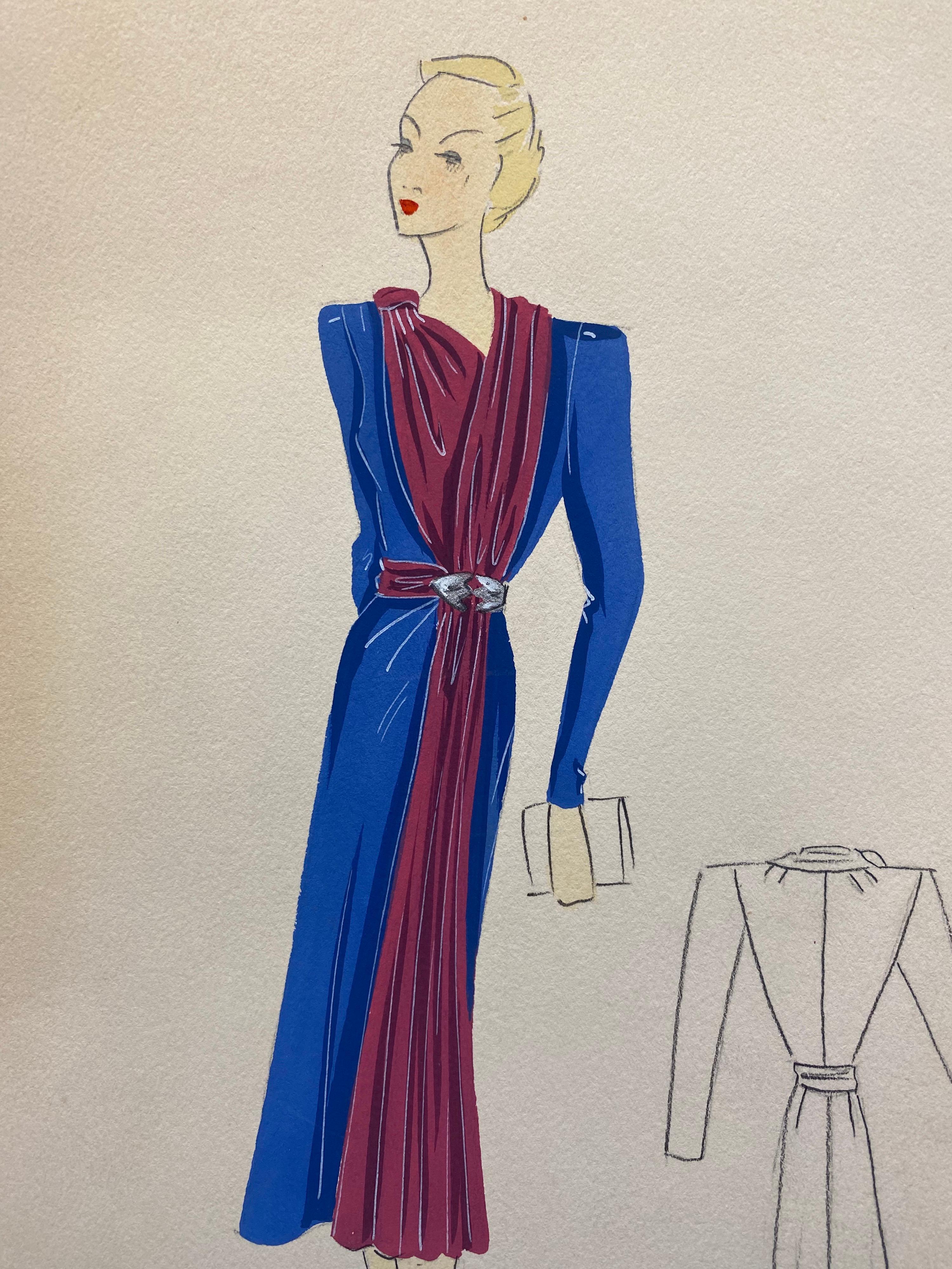 1930's Original Parisian Fashion Illustration Watercolor Pink and Blue Dress - Art by Unknown