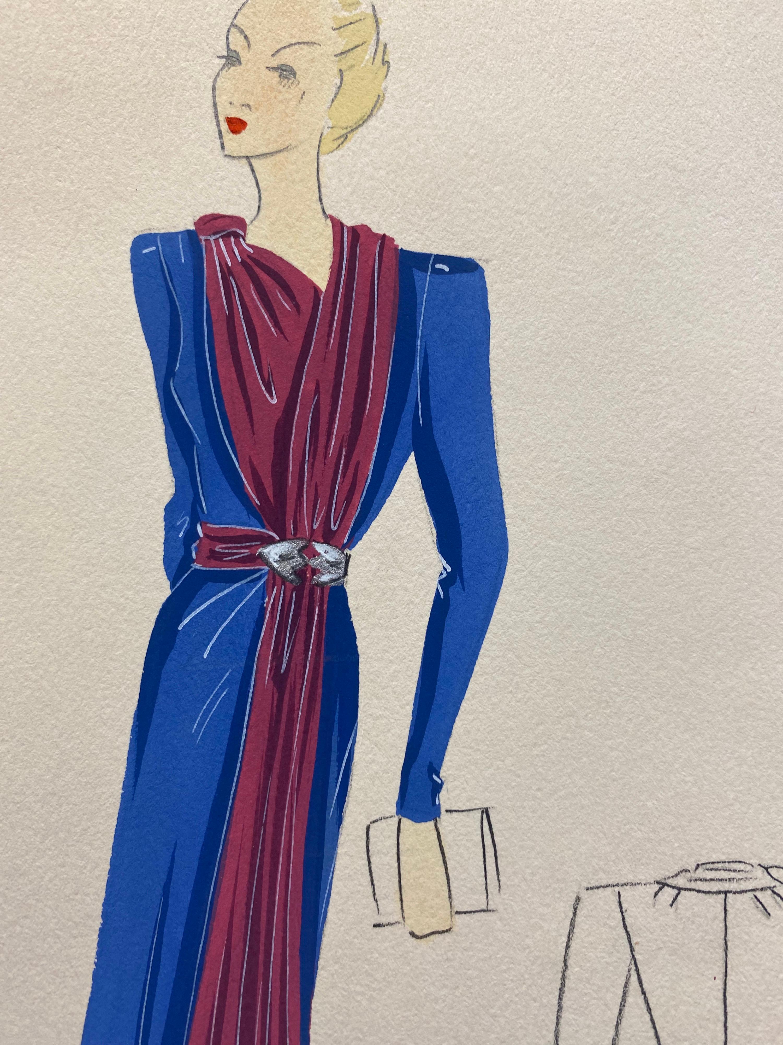 1930's Original Parisian Fashion Illustration Watercolor Pink and Blue Dress - Beige Figurative Art by Unknown