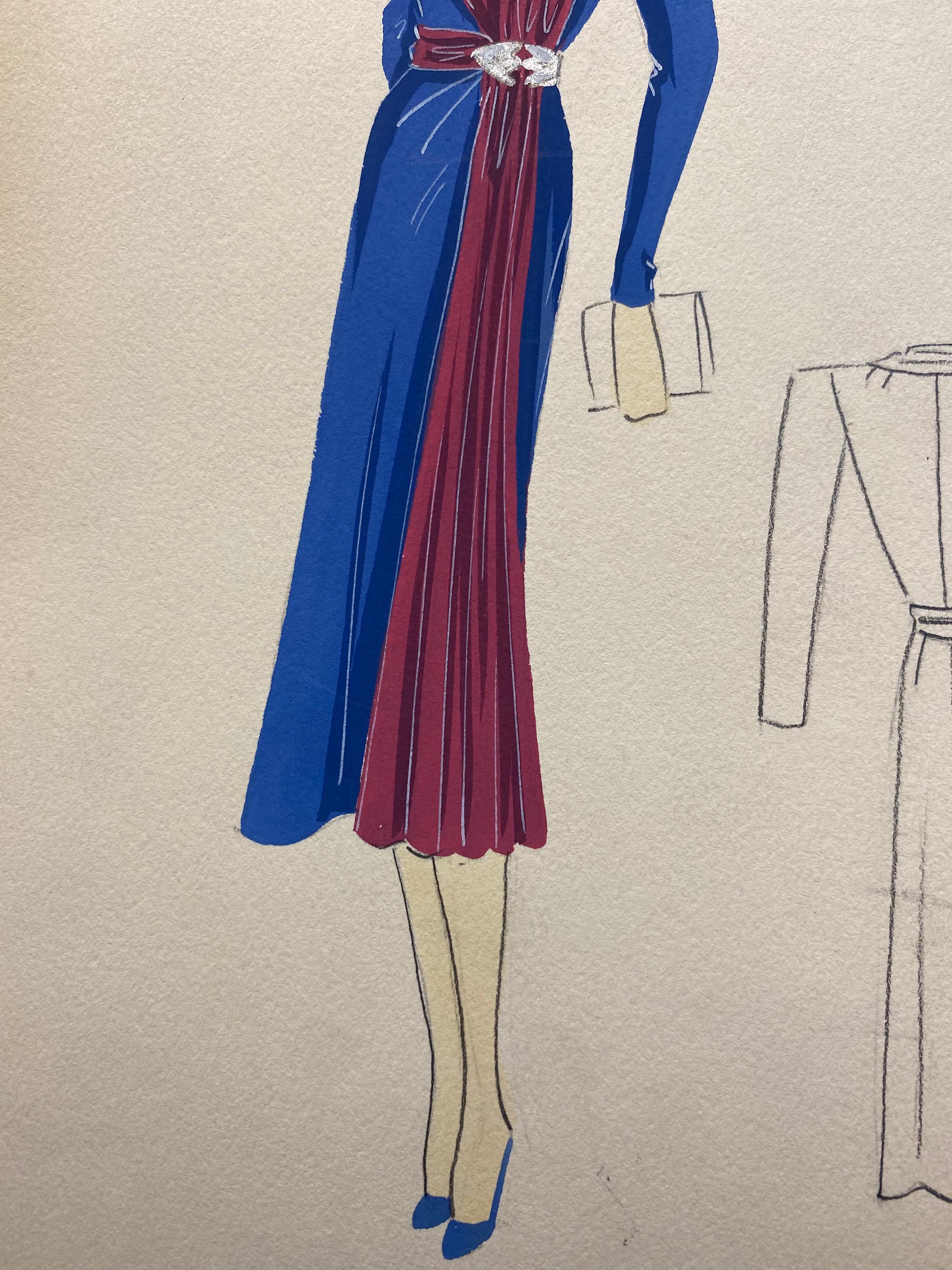 1930's Original Parisian Fashion Illustration Watercolor Pink and Blue Dress For Sale 1