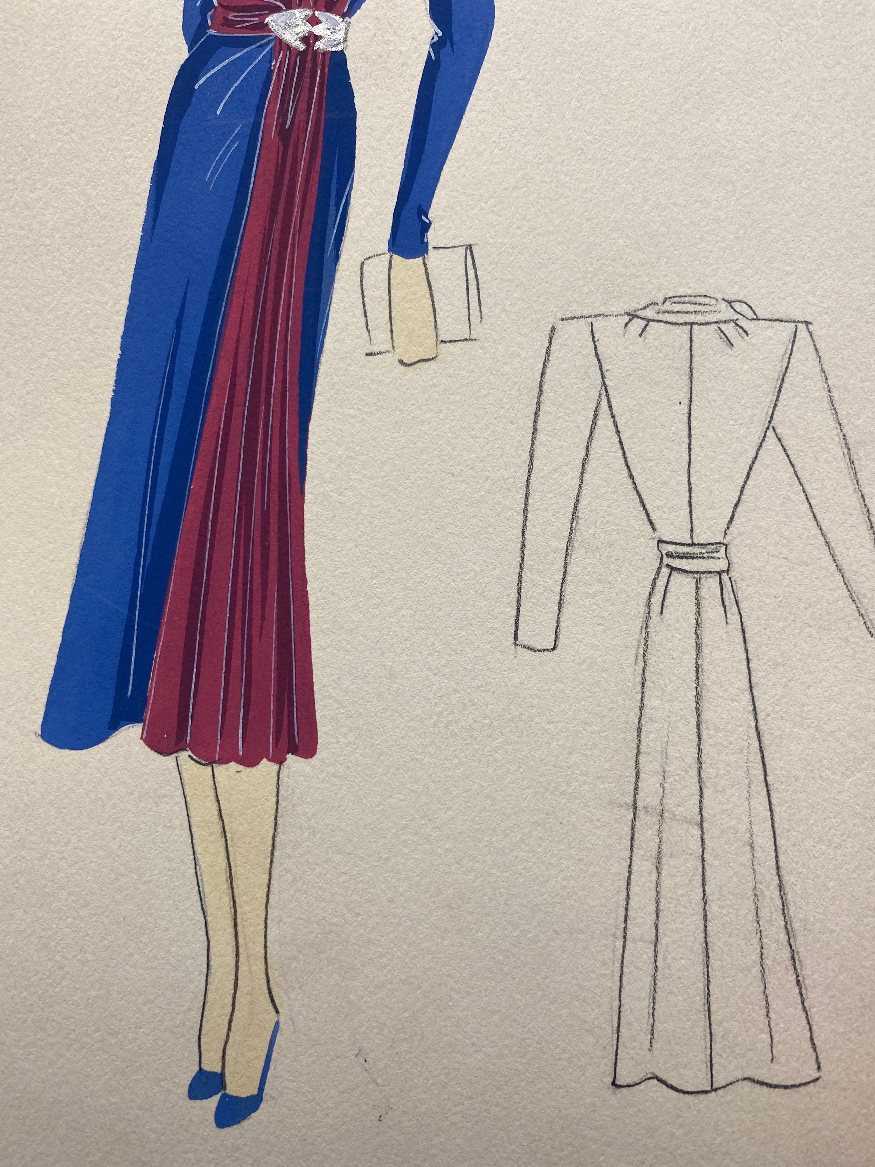 1930's Original Parisian Fashion Illustration Watercolor Pink and Blue Dress For Sale 2