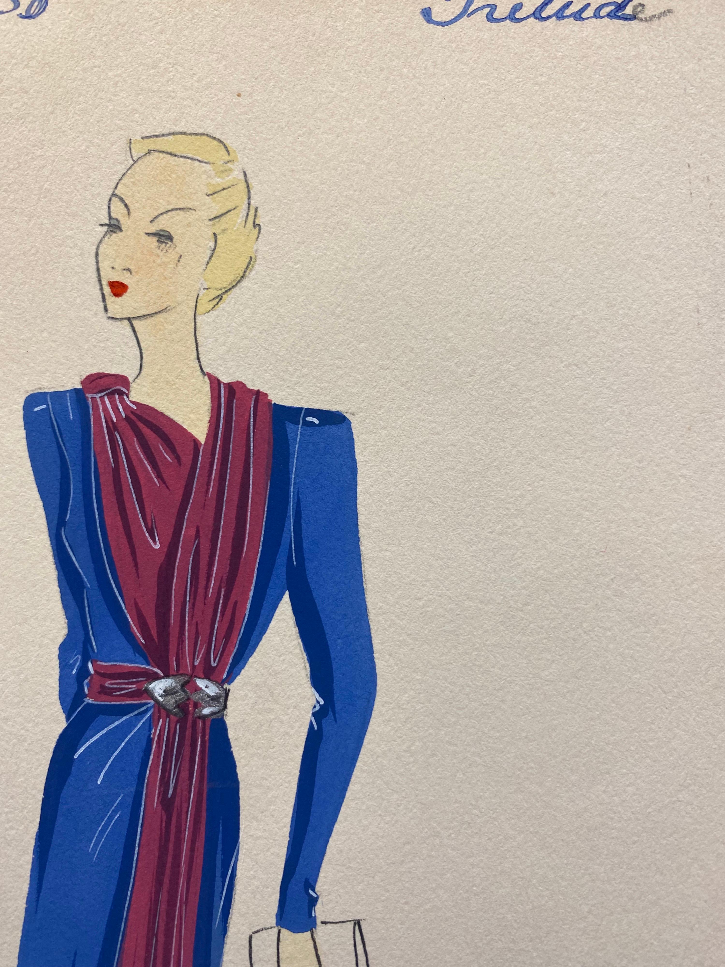 1930's Original Parisian Fashion Illustration Watercolor Pink and Blue Dress For Sale 4