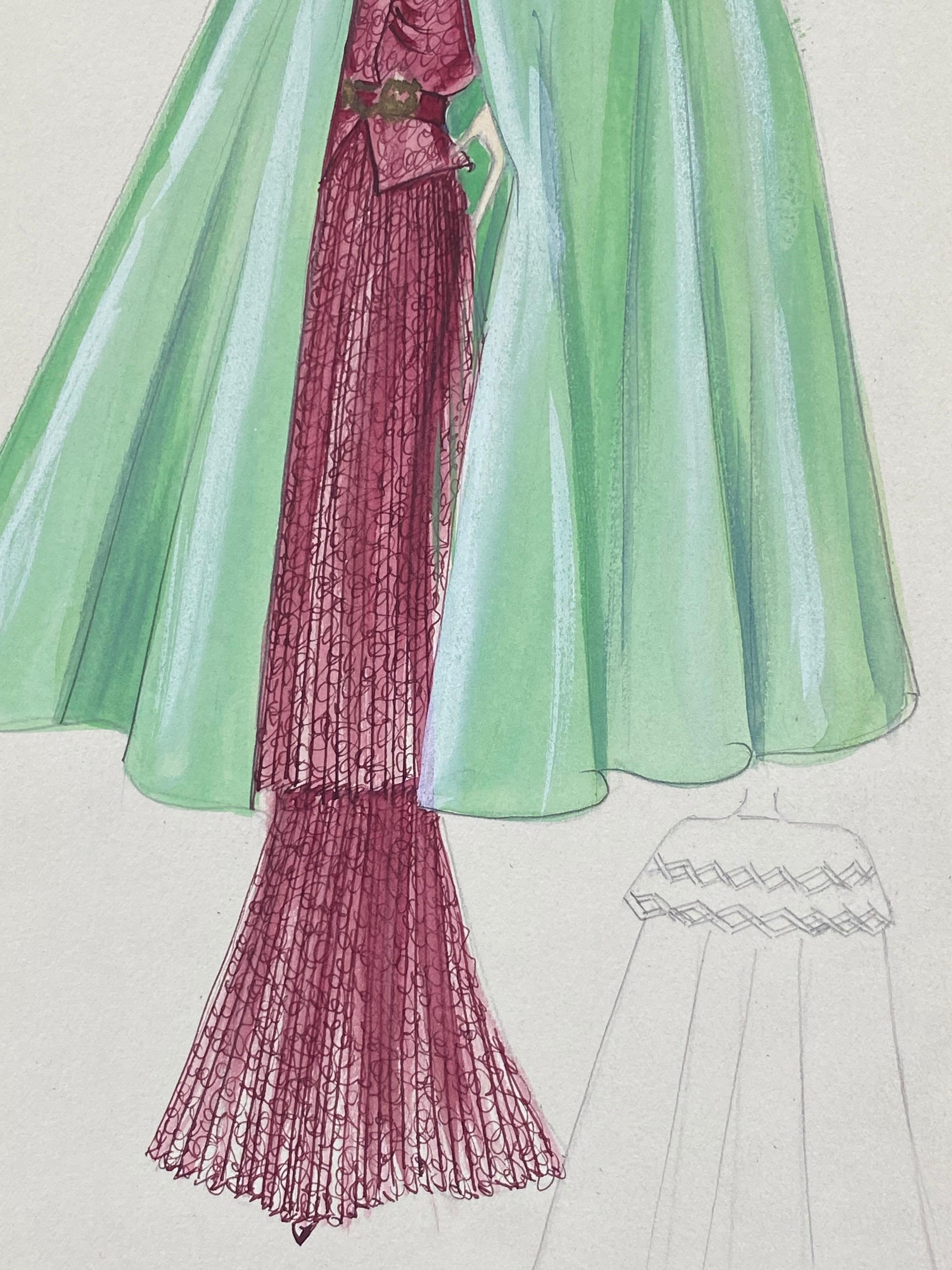 1930's Original Parisian Fashion Watercolor Burgandy Dress with Green Cape - Gray Figurative Art by Unknown