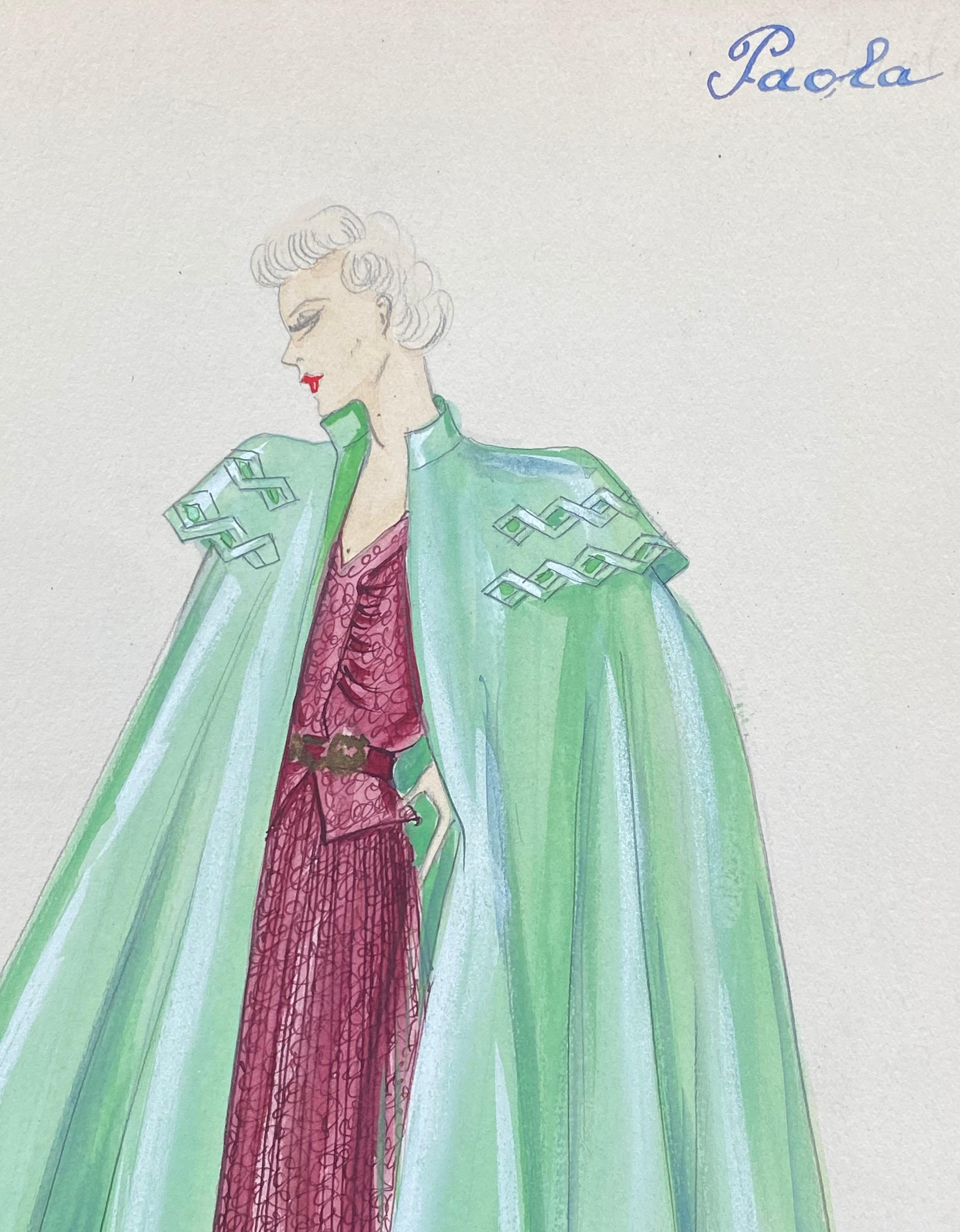1930's Original Parisian Fashion Watercolor Burgandy Dress with Green Cape For Sale 2