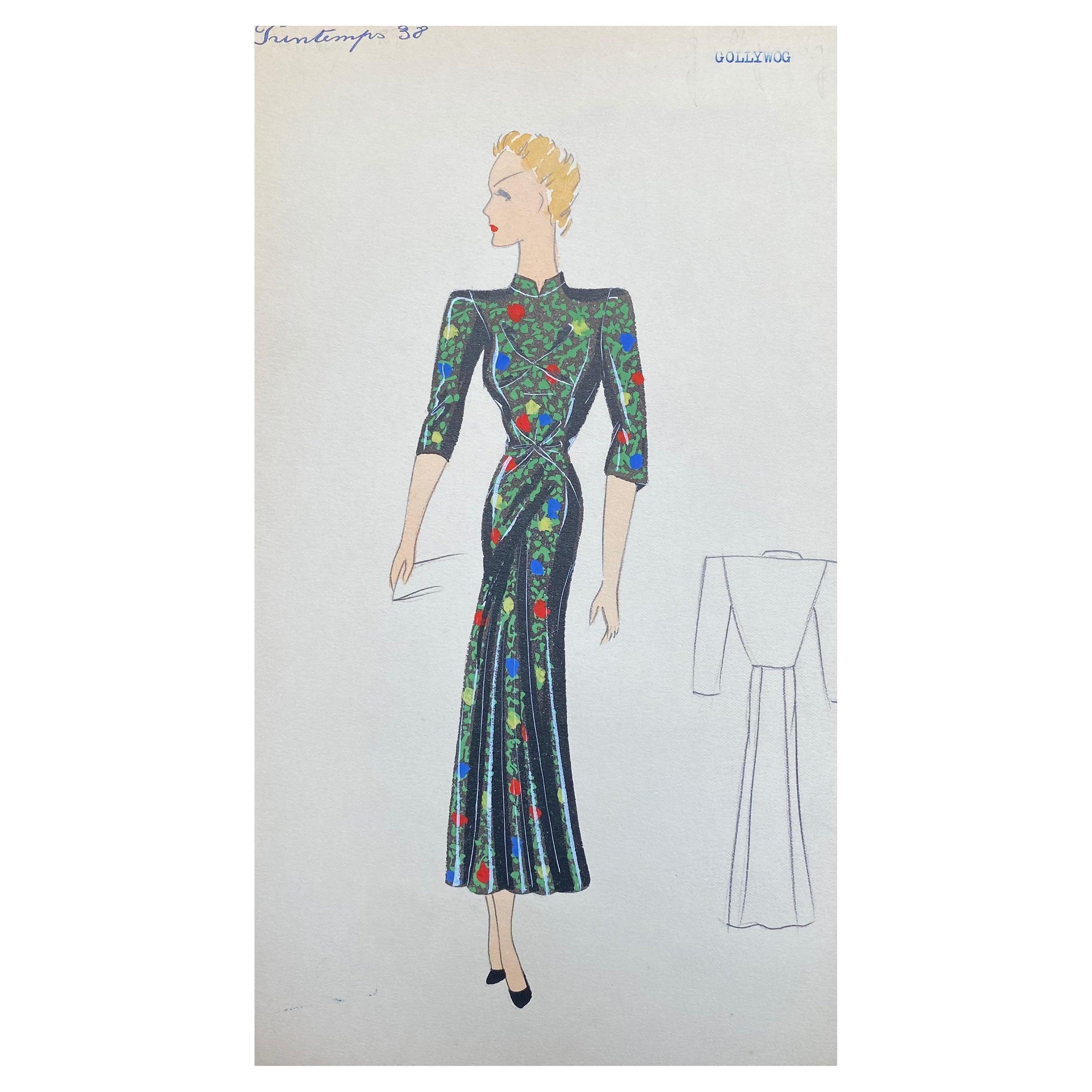 Illustrazione di moda parigina originale degli anni '30, acquerello, vestito orientale nero