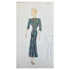 1930's Original Parisian Fashion Illustration Watercolor Black Oriental Dress