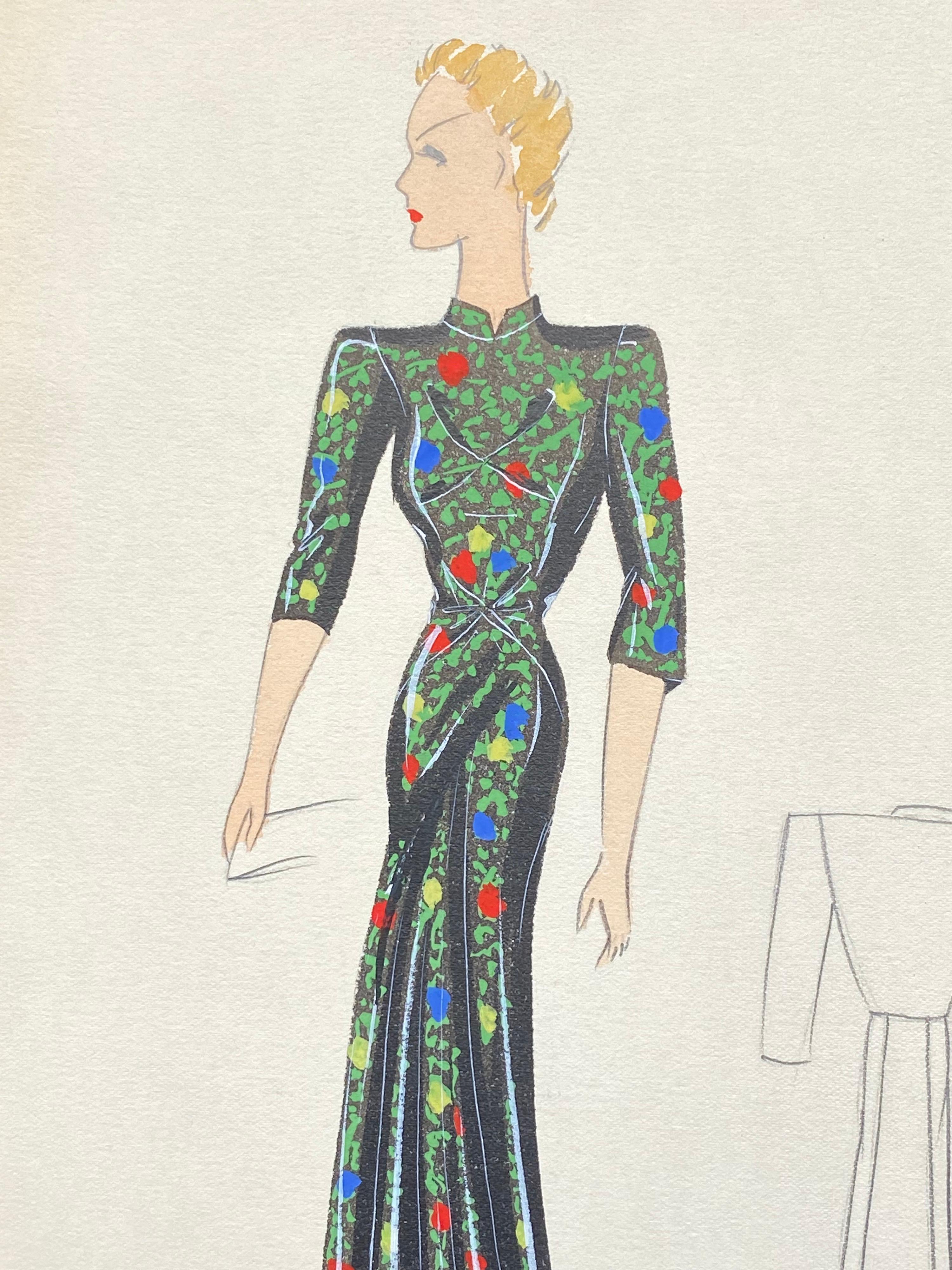 Illustrazione di moda parigina originale degli anni '30, acquerello, vestito orientale nero - Art di Unknown