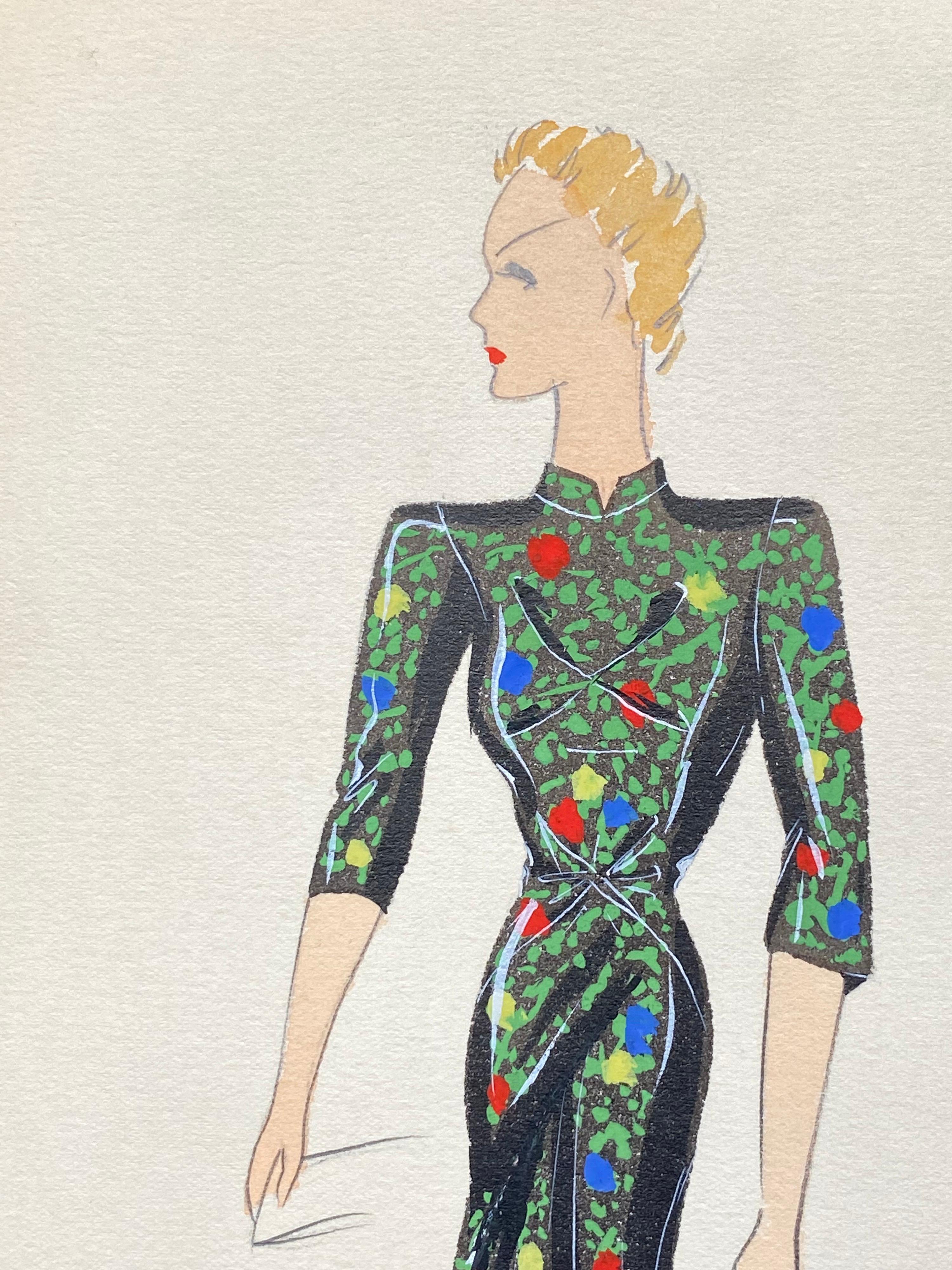Illustrazione di moda parigina originale degli anni '30, acquerello, vestito orientale nero in vendita 1