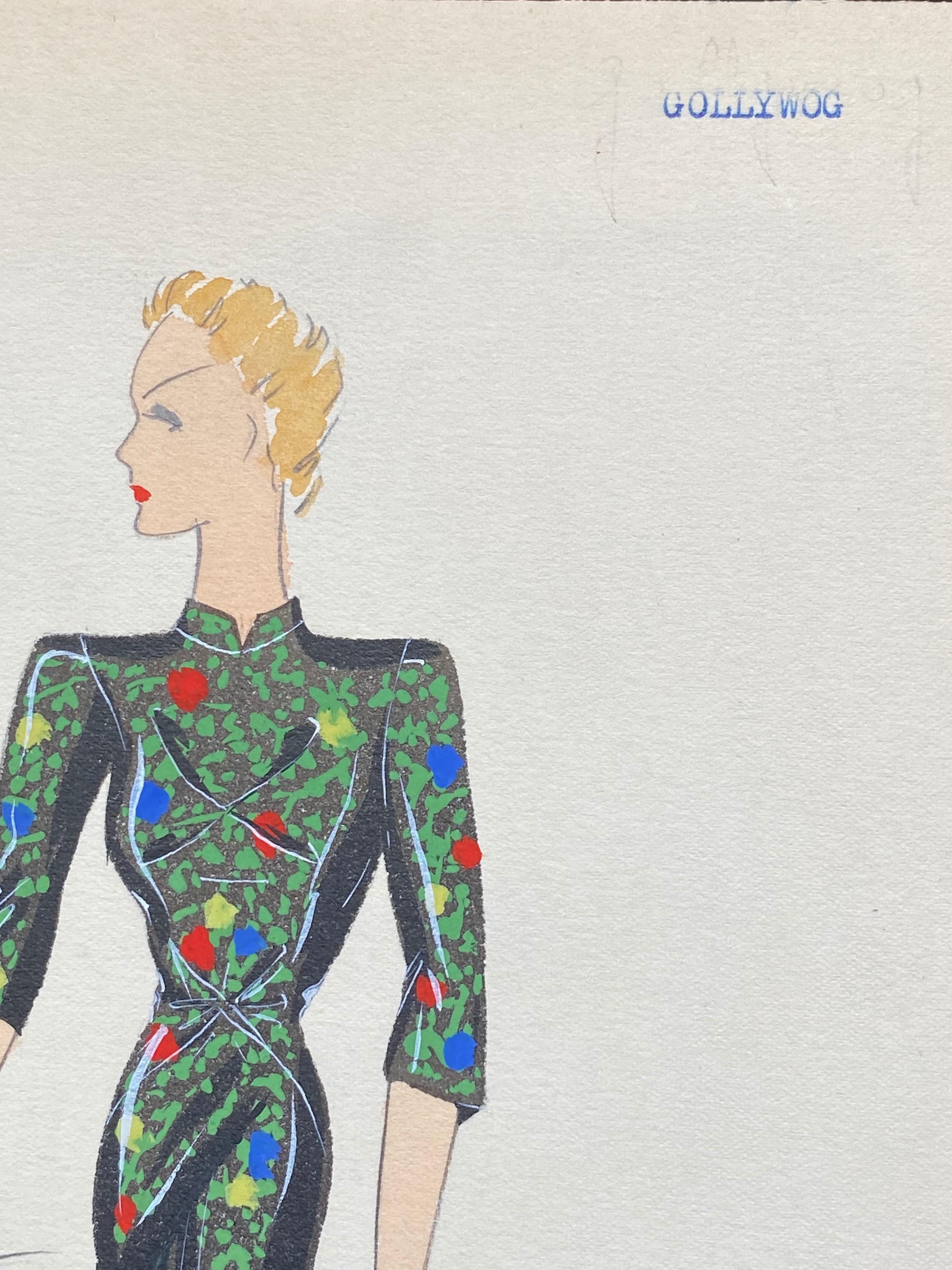 Illustrazione di moda parigina originale degli anni '30, acquerello, vestito orientale nero in vendita 3