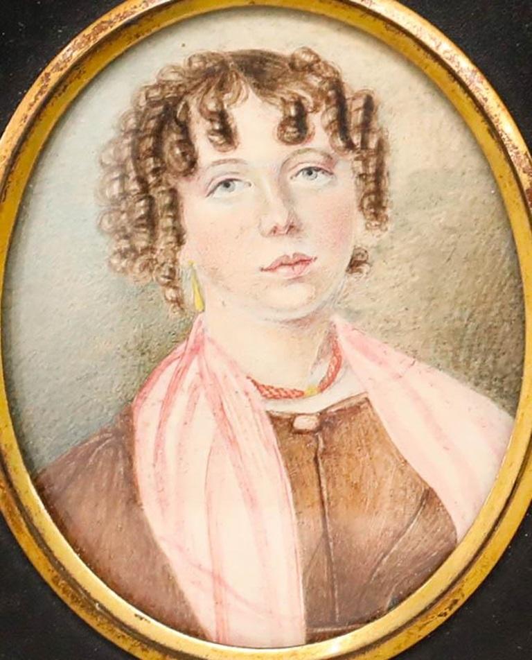 Miniatur-Aquarell aus dem 19. Jahrhundert - Porträt einer Dame mit Ringellöckchen – Art von Unknown