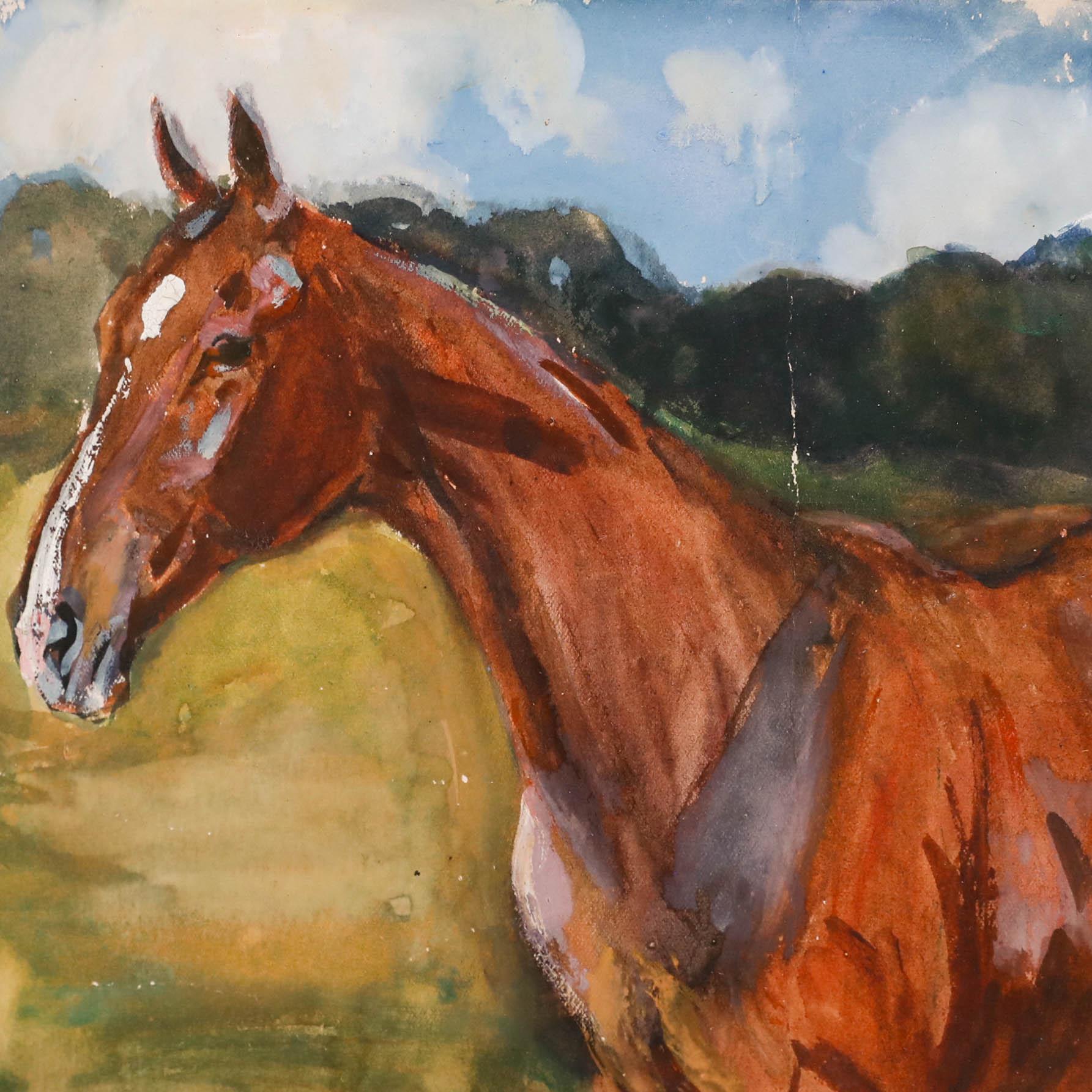 A charming 20th century gouache depicting a majestic chestnut horse standing in profile against a pastoral landscape of rolling hills and cloudy skies. Unsigned. Smartly presented behind glass in a veneer walnut effect frame. On paper.