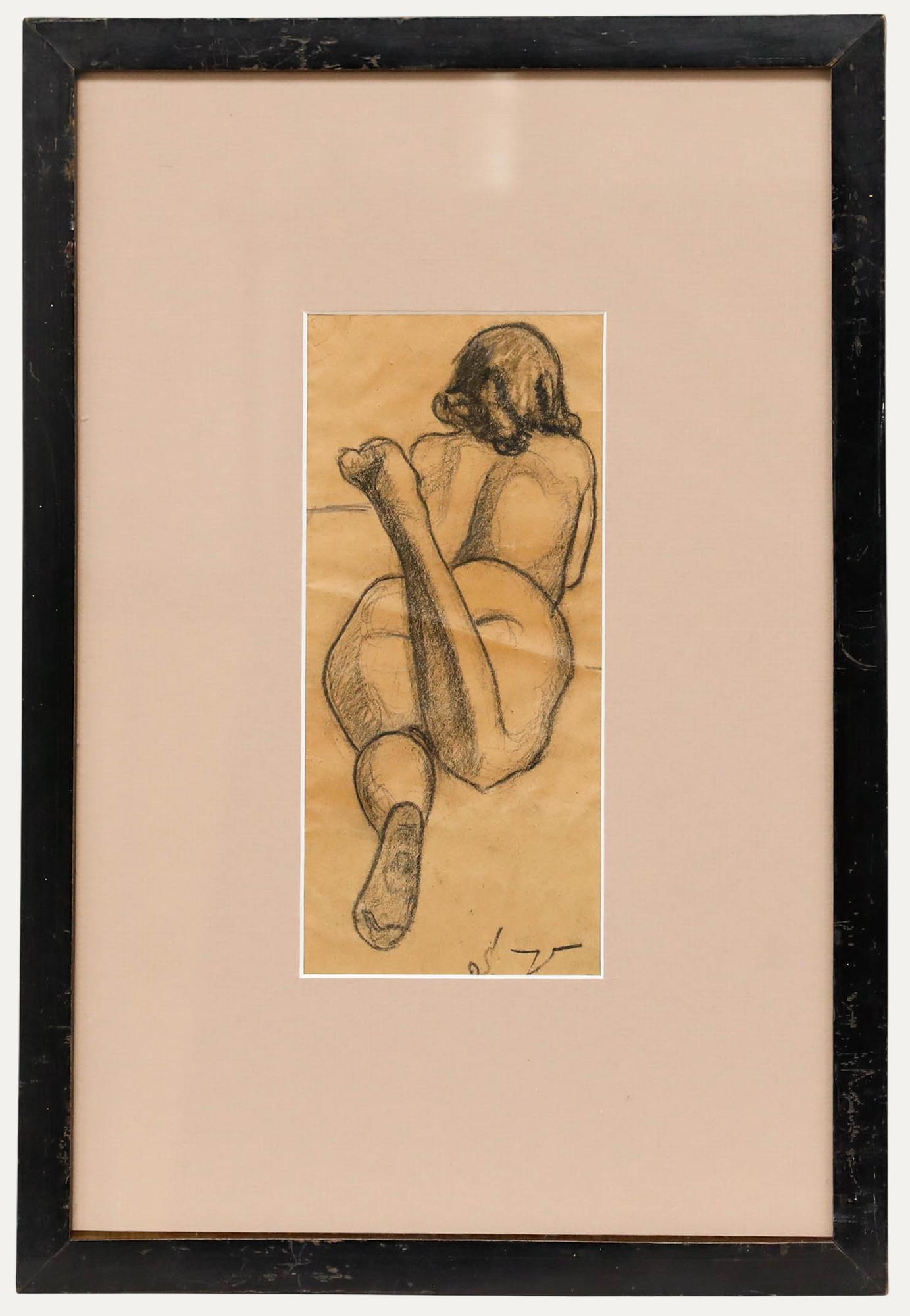 Unknown Nude - Mid 20th Century Charcoal Drawing - Carefree