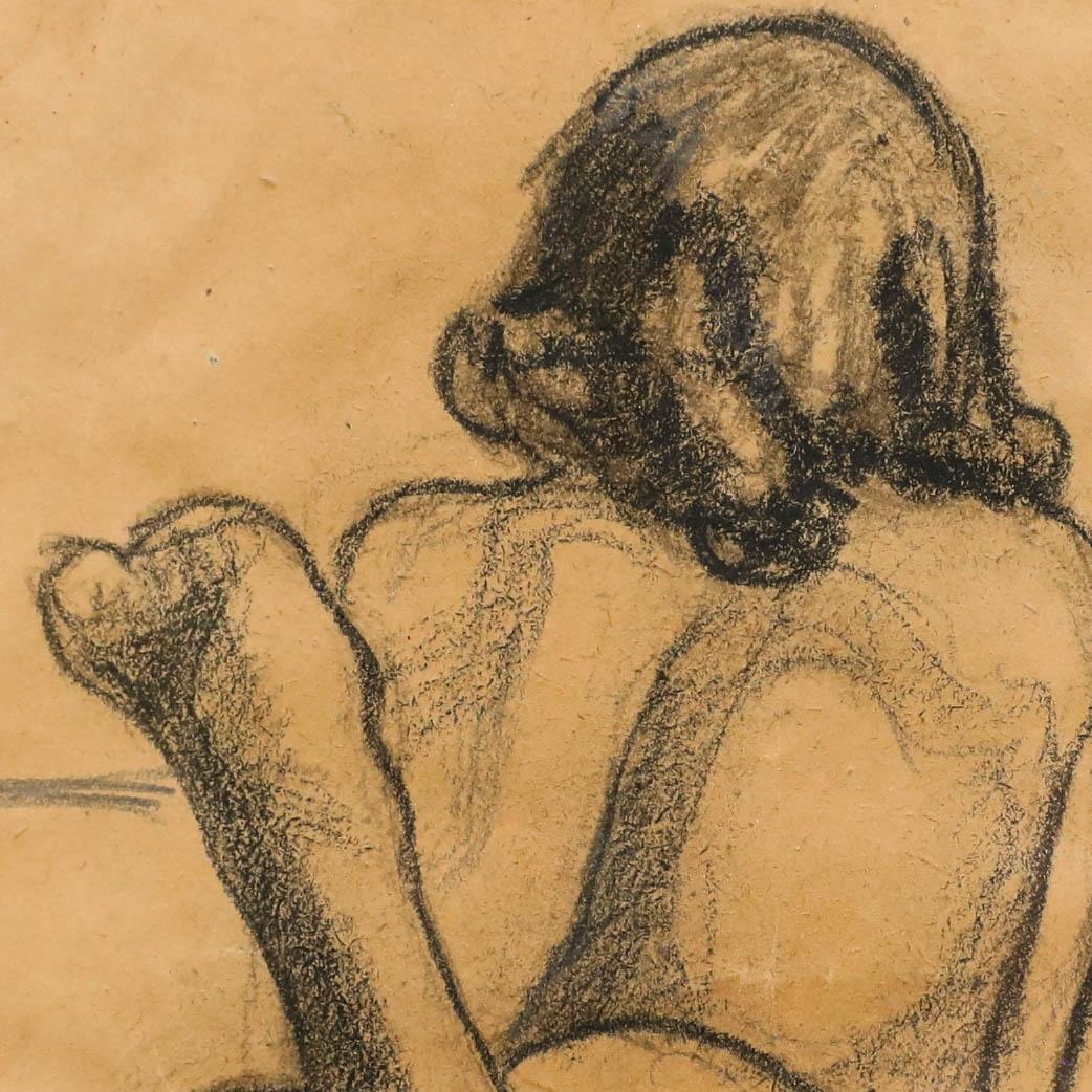 A confident mid-20th century life study in charcoal depicting a lady kicking her legs as she poses. Signed 'S.V.' to the lower right. Handsomely presented in a black frame with a mushroom mount. On paper.