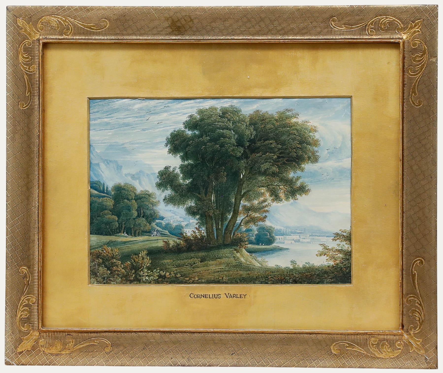 Un bel dipinto di paesaggio attribuito a Cornelius Varley (1781-1873), con un albero maestoso reso con un fogliame ricco e dettagliato sullo sfondo di Roll & Hill e di un tranquillo specchio d'acqua. Senza segno. Presentato in una delicata cornice
