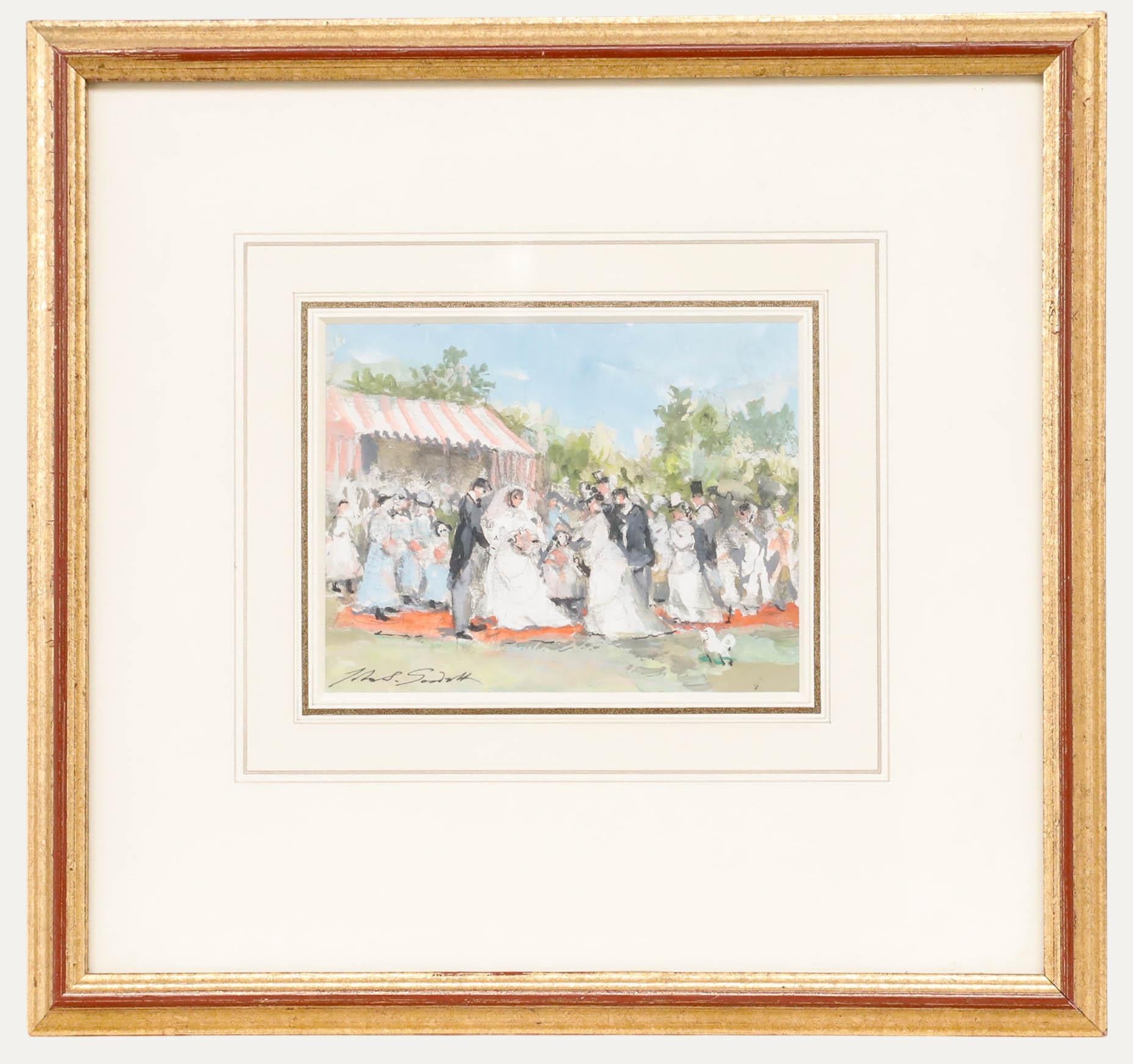 Diese charmante Gouache zeigt eine Gartenhochzeit mit dem Brautpaar in der Mitte, umgeben von elegant gekleideten Gästen in viktorianischer Kleidung, die sich auf einem roten Teppich unter üppigen grünen Bäumen versammelt haben. Die Künstlerin
