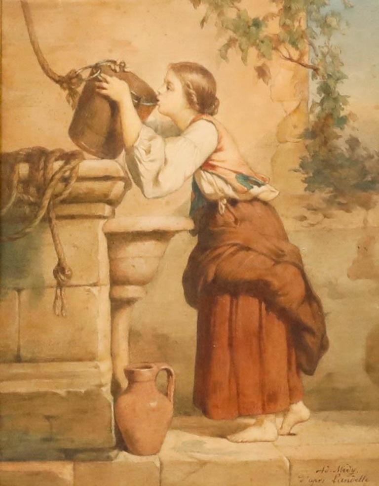 Theophile Adolphe Midy (n.1821) Acuarela de finales del siglo XIX - Muchacha bebiendo - Art de Unknown